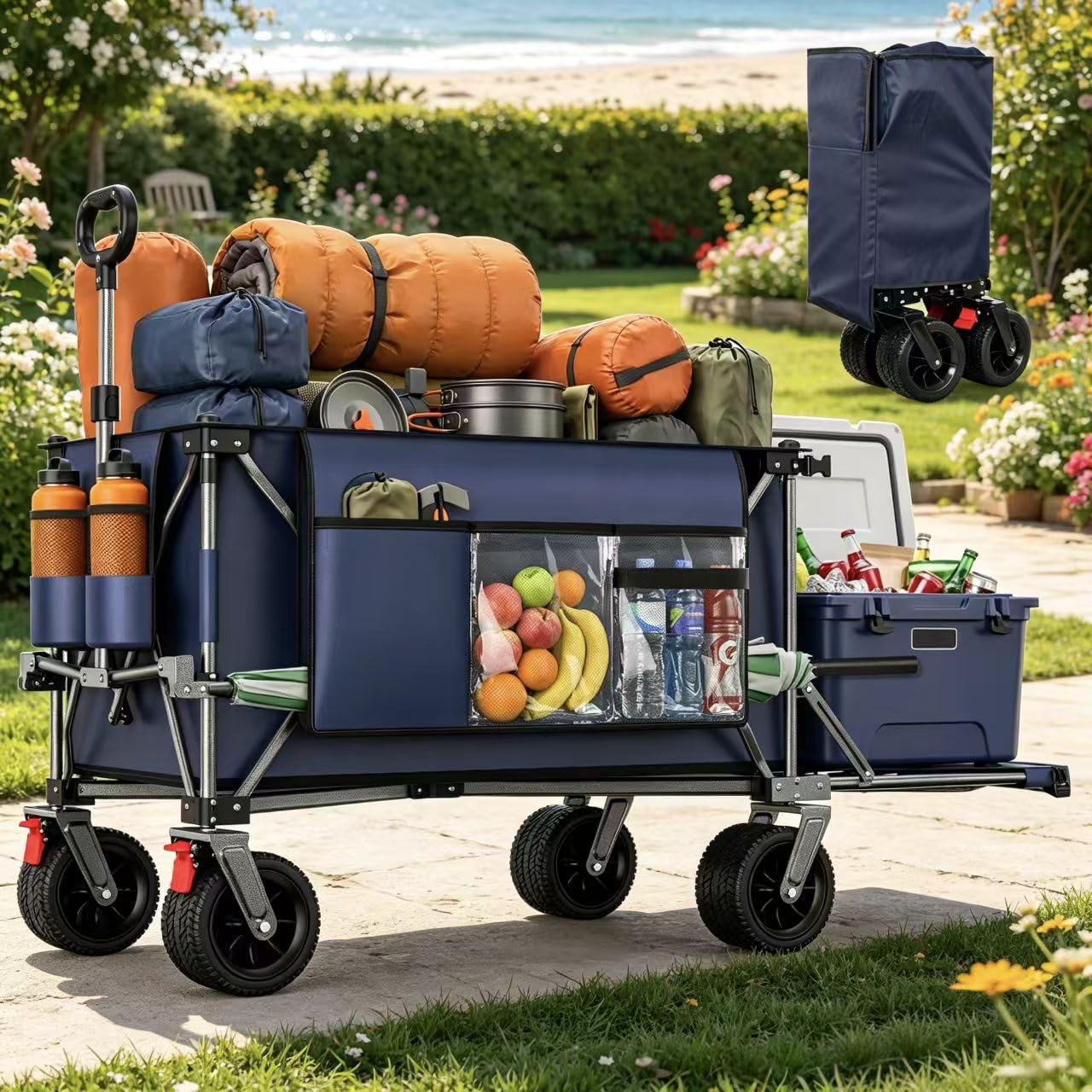 Chariot Pliable 300L (200+100L) avec Hayon Rabattable 140cm, Roues Tout-Terrain Extra Larges 17x10cm, Chariot de Plage Compact pour Camping Jardin Courses (Bleu Gris)