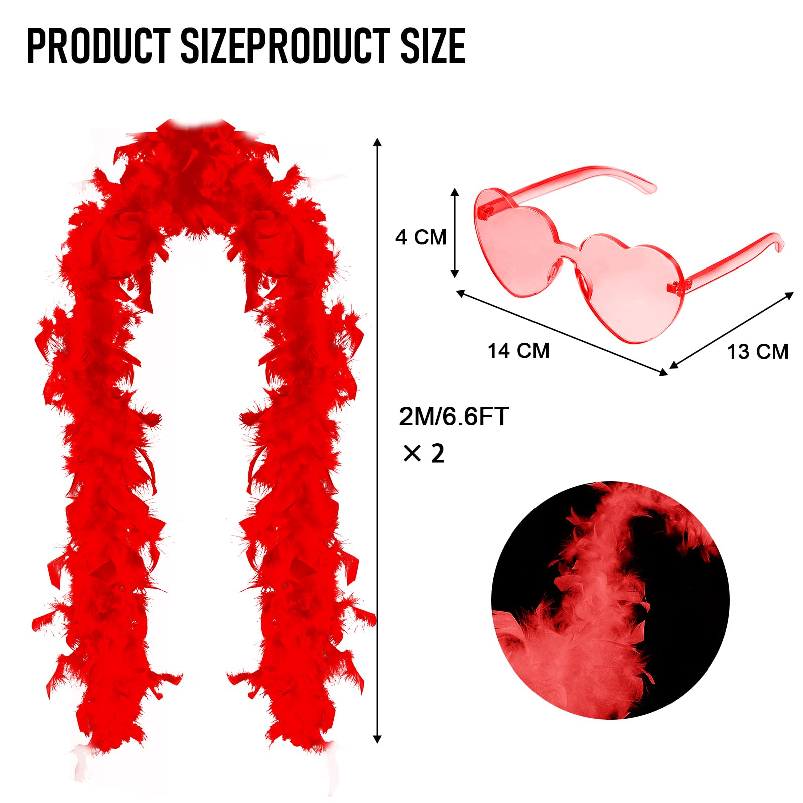 Feather Boas 4 PCS Multipack Feather Boa for Women 6.6ft/2M Feather Scarf Fancy Dress Fluffy Feather Boa with Heart Rimless Sunglasses for Wedding Dancing Party Halloween Christmas (Red) - Image 2