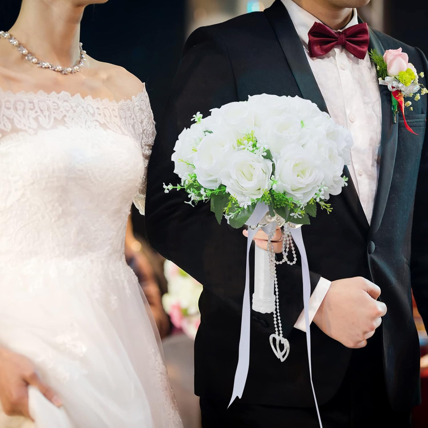 Wedding Bouquets for Bride, White Bridal Bridesmaid Wedding Flowers with Silk Ribbon and Rhinestones, Artificial Toss Rose for Civil Ceremony - Image 7