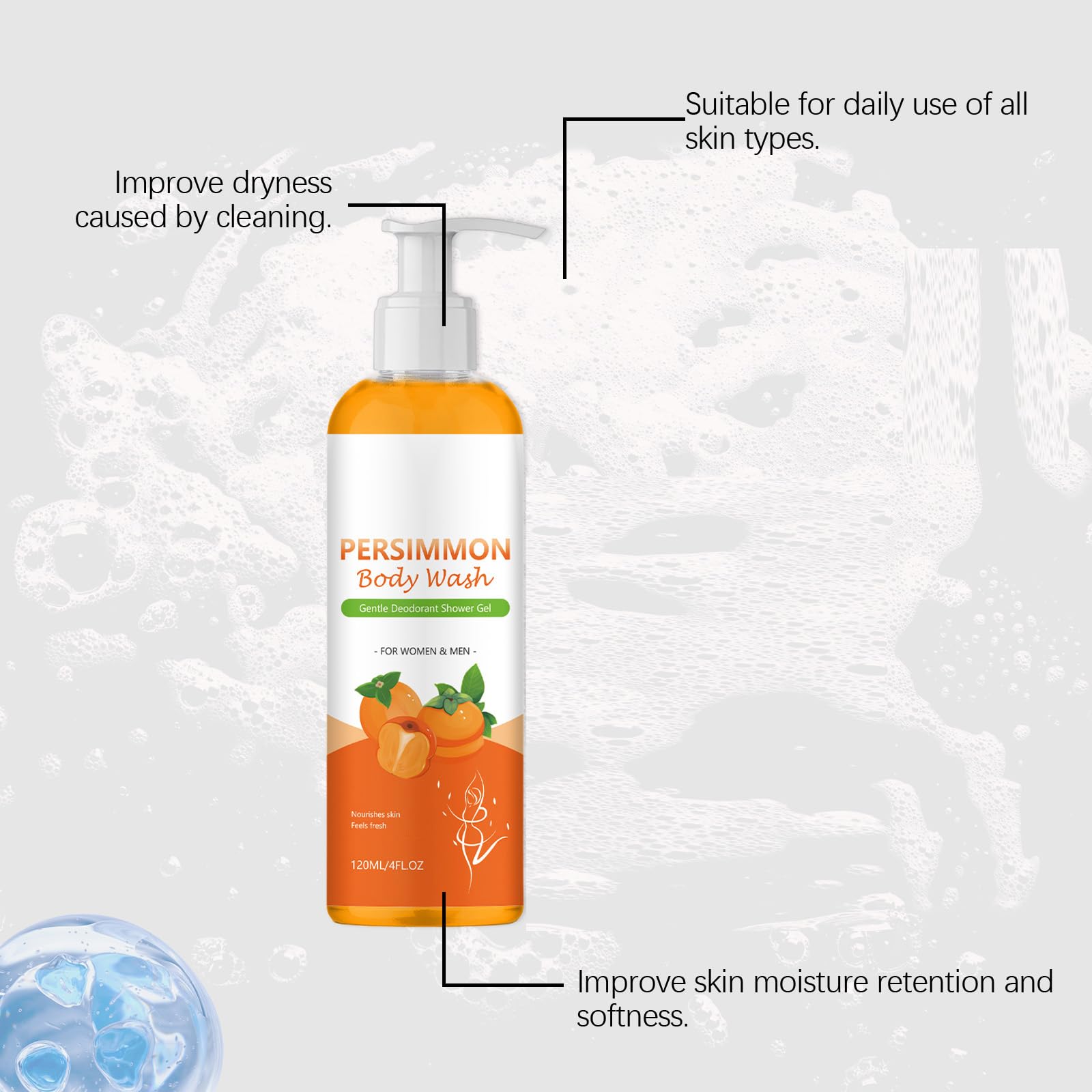 Bagnoschiuma al cachi per combattere i cattivi odori, gel doccia neutralizzante – detergente deodorante per il corpo ad azione detergente profonda, detergente delicato con estratti idratanti. (6pcs)