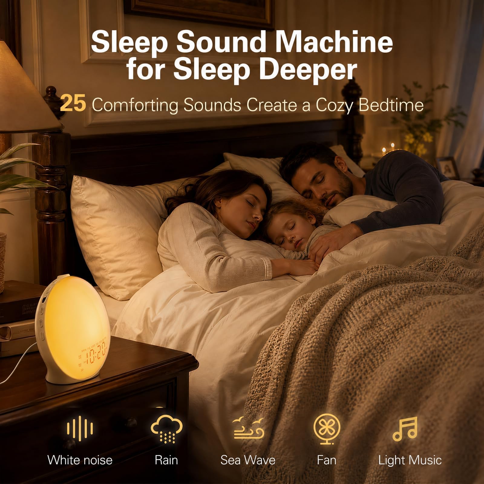 JALL Réveil lumineux plein écran pour chambre à coucher, machine à bruit blanc pour les dormeurs lourds, 25 sons naturels, double alarme, radio FM, 17 couleurs à intensité variable, haut-parleur