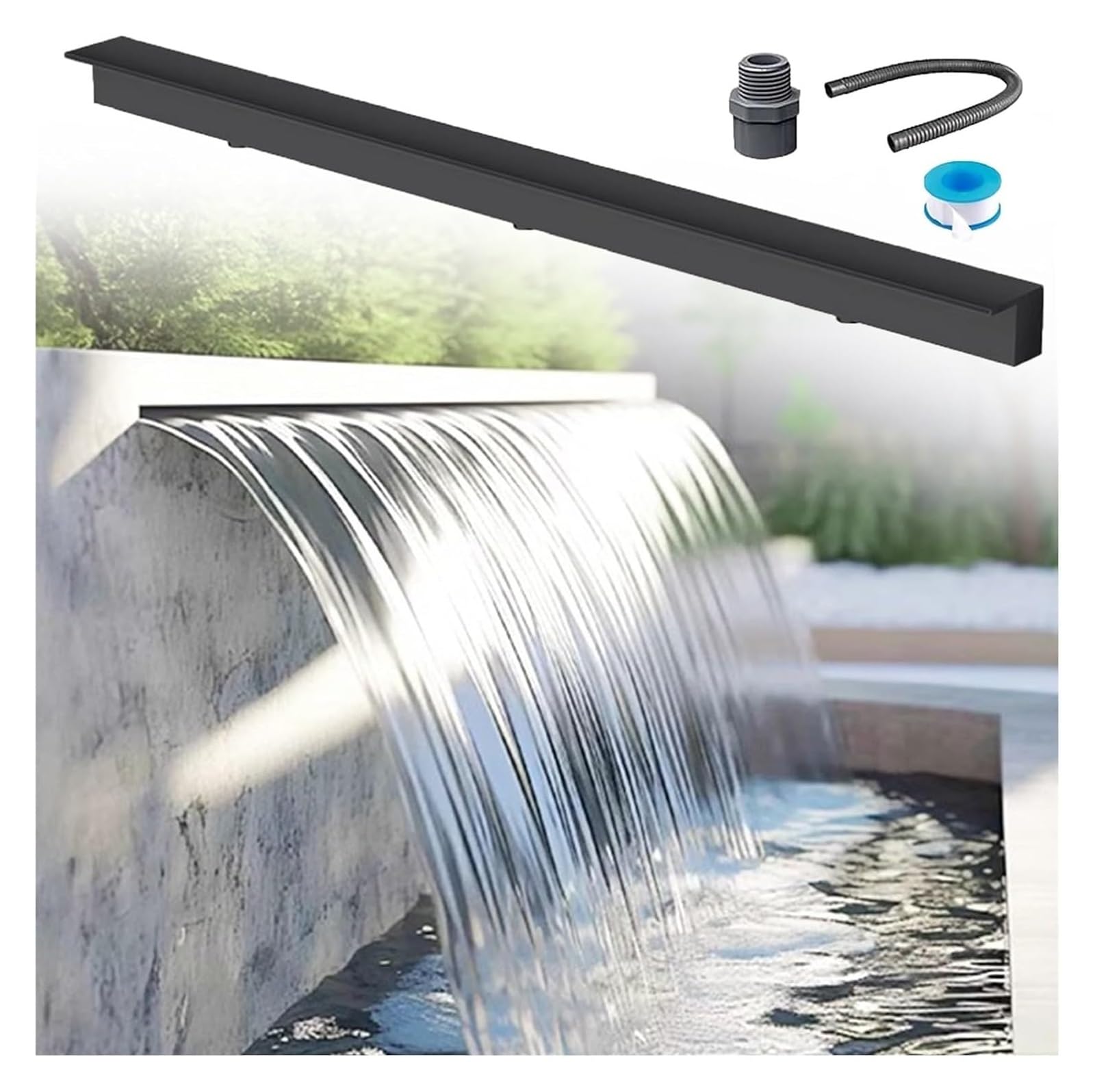Générique Kit de Cascade et de déversoir pour Bassin, en Acier Inoxydable Noir, avec tuyaux ondulés Robustes. Idéal pour Les Jardins, terrasses et patios. Design Monobloc