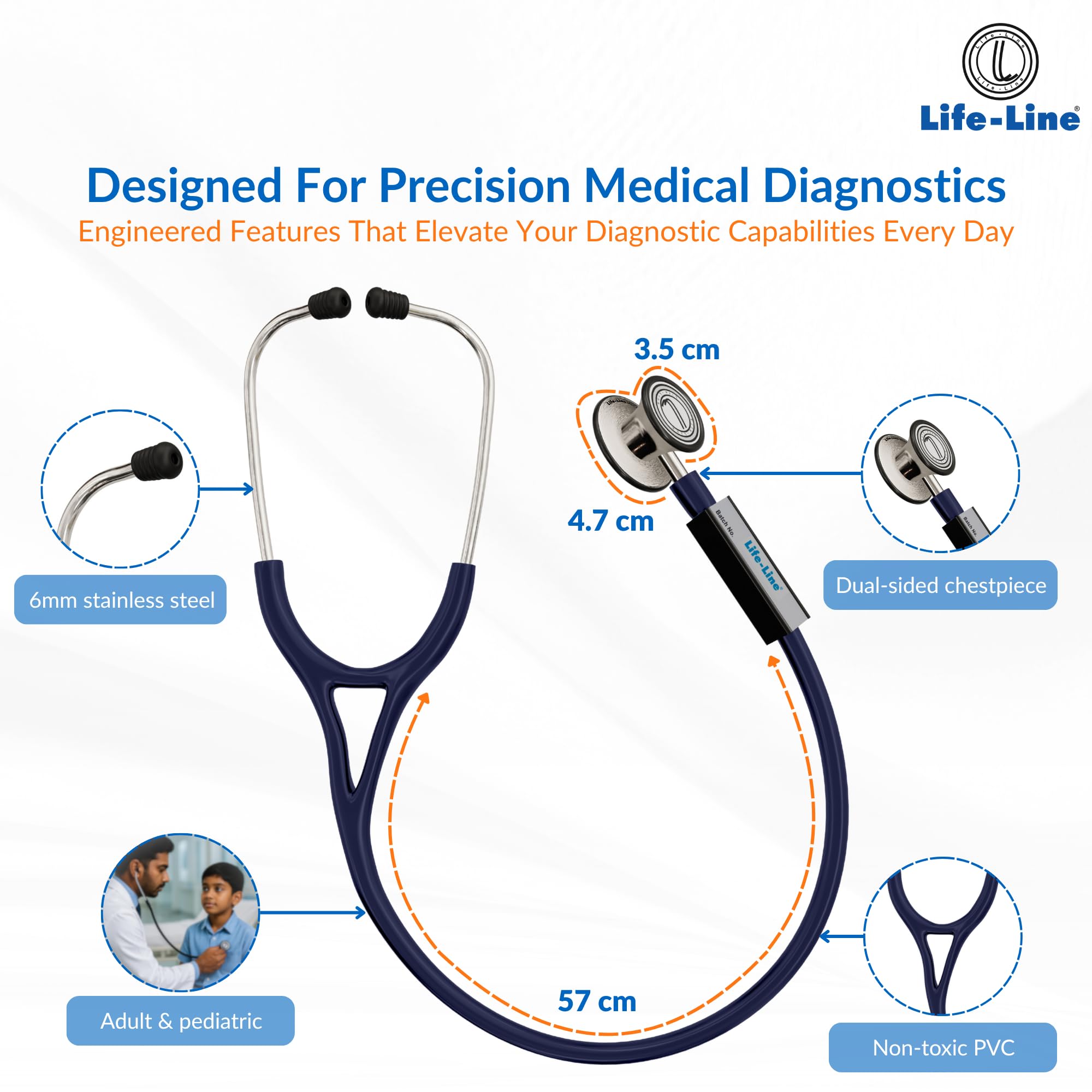 LIFE LINE Max3 SS Stethoscope (Dark Blue) | Dual Side Diaphragm Chest Piece for Adult and Paediatric | 2-way Tube | For Doctors & Students 1