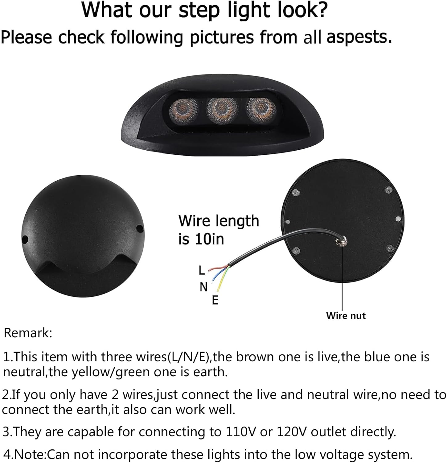 Outdoor Step Lights,High Voltage 120V 110V,3W LED Deck Light Wire,Warm White 3000K,Aluminum Housing,Surface Mount Wall Lights,Indoor Stair Lighting for Landscape,Fence,Well,Pathway,Pack of 4