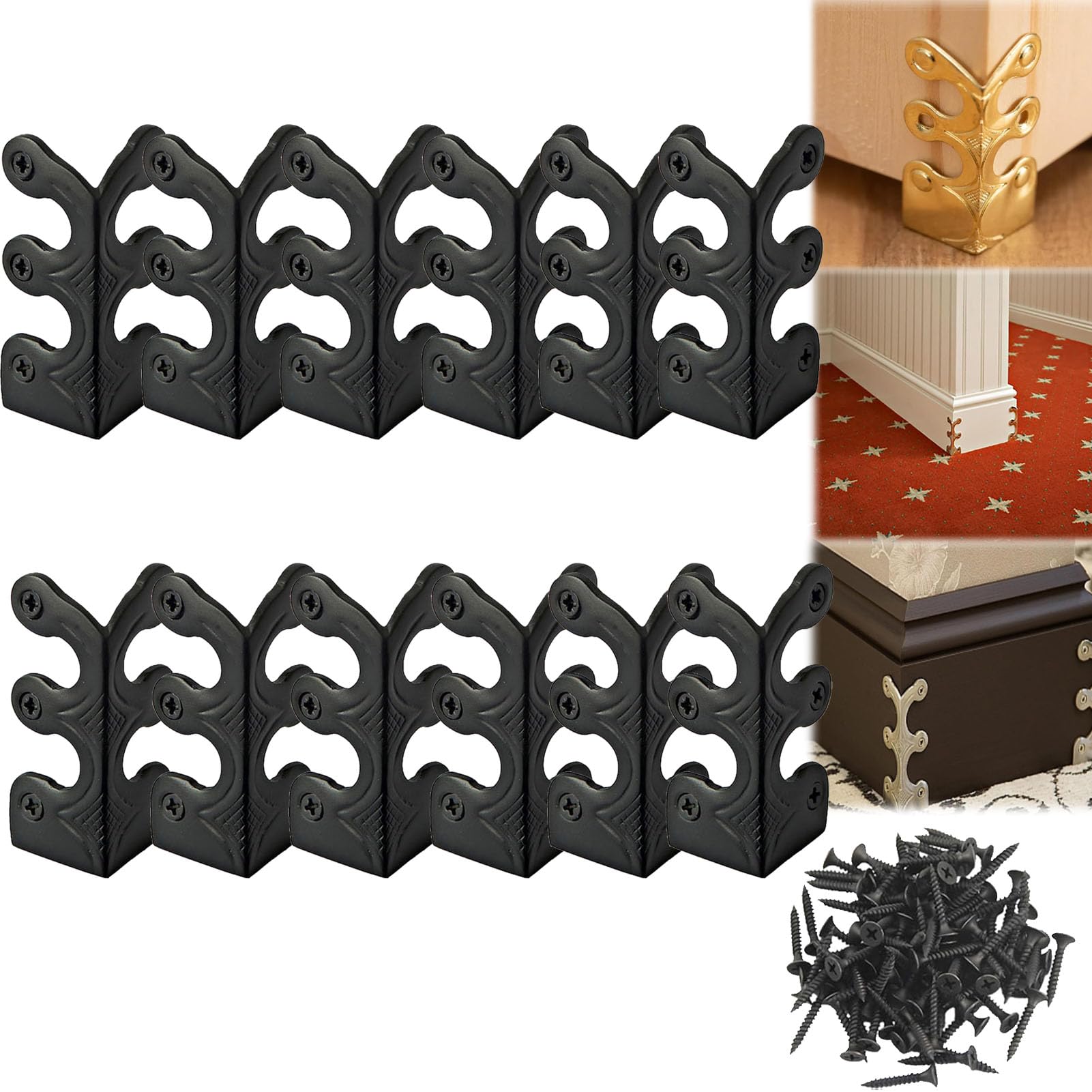 Skiffers Baseboard Corner Protectors, Solid Brass Skirting Board Corner Protectors, Brass Skiffers Corner Protectors, Gold Skiffers, Baseboard Skiffers Silver (12pcs,Black)