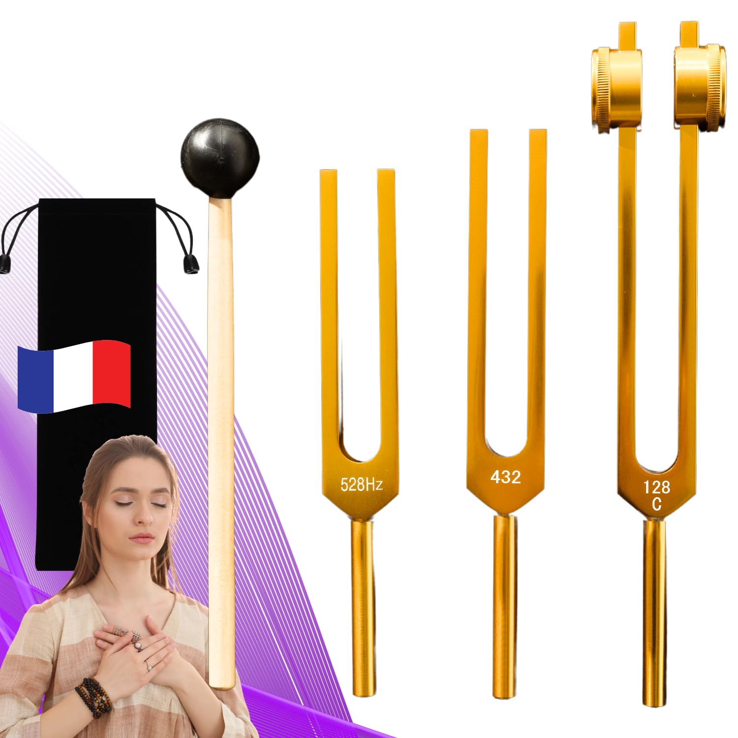 Diapasones terapéuticos profesionales 128hz 432hz 528hz | Pack de 3 de aluminio dorado
