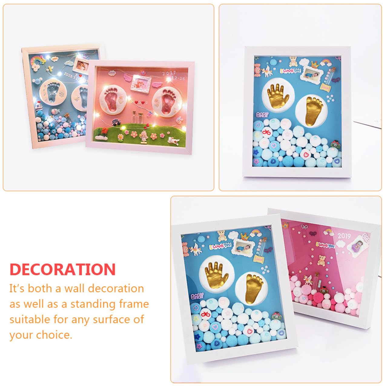 Cornice Portafoto Impronta della Mano e Piede del Set Ricordo Battesimo in Acrilico Resistente Confezione Regalo Blu per Genitori e Neonati