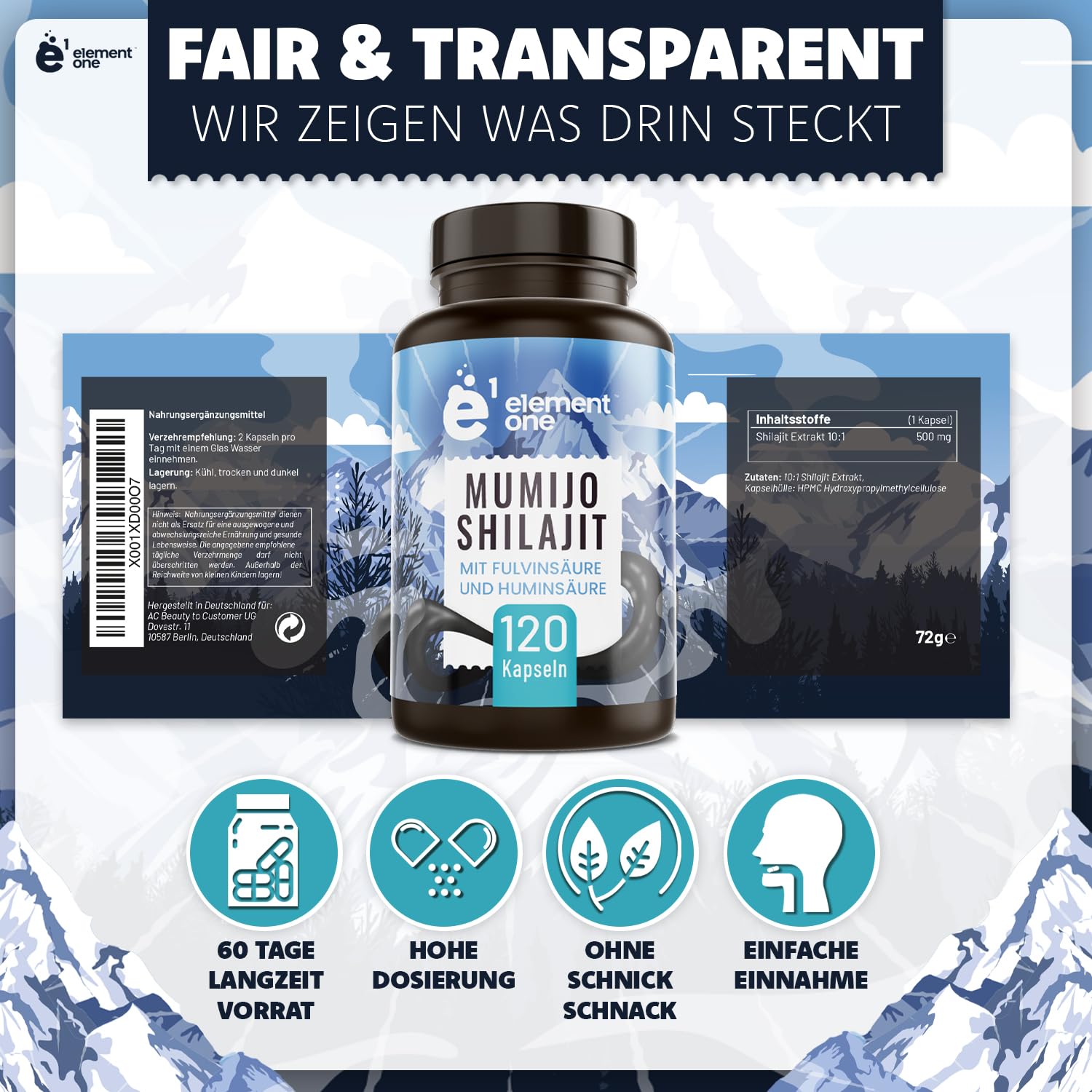 Shilajit Kapseln - 500mg pro Kapsel - 120 Hochdosierte Kapseln - Mumijo Shilajit Extrakt - natürlicher Mumijo Extrakt mit 10:1 Konzentration - reich an Mineralien mit Fulvinsäure+Huminsäure