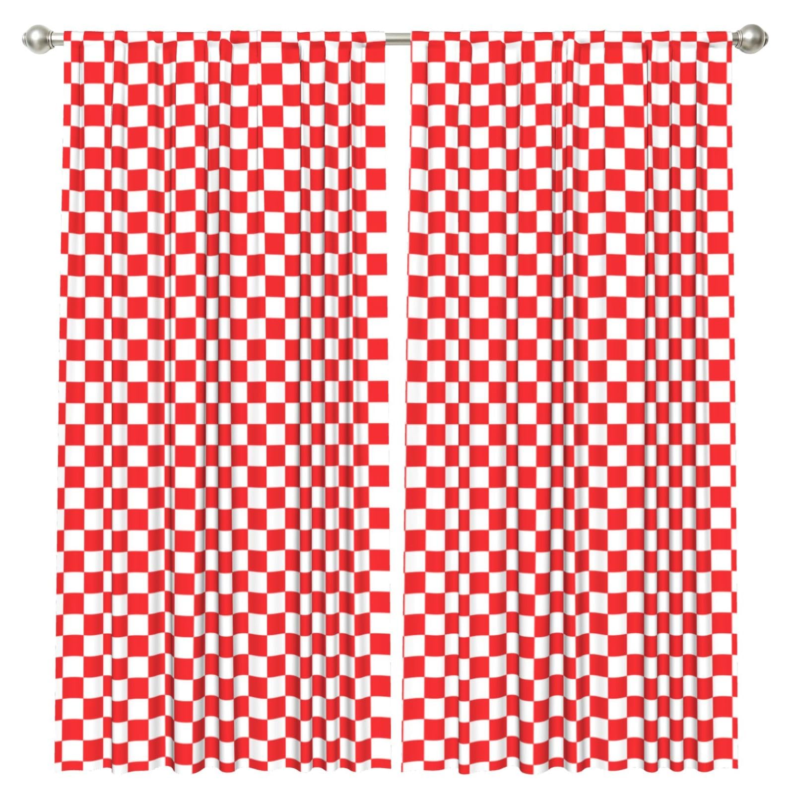 InOmak Red And White Checkered Nature, 2 Panels Window Curtains 52 x 84 Inch Blackout Curtains for Living Room Bedroom