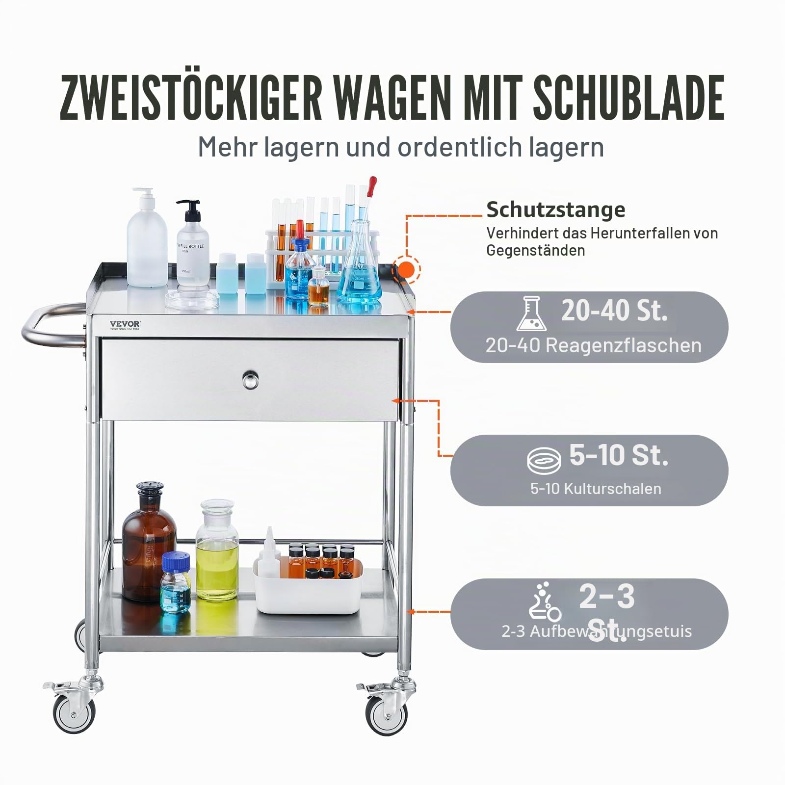 VEVOR Zweistöckiger Laborwagen Gerätewagen Medizintechnik Servierwagen 201 Edelstahl Tragbar Abräumwagen mit Schubladen 100 kg Tragfähigkeit, 710 x 421 x 785 mm (mit Griff) Labor Rollwagen