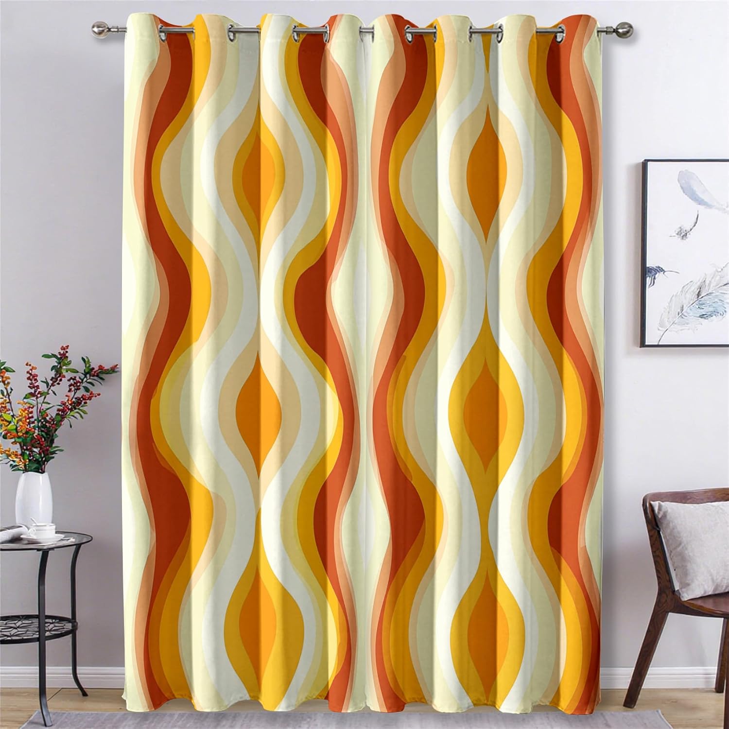 Retro Groovy Blackout Curtains 84 Inch Length 2 Panels Set, 70s Abstract Stripe Curtains for Living Room, Vintage Boho Patterned Window Treatments-Bedroom Decor Q&-65
