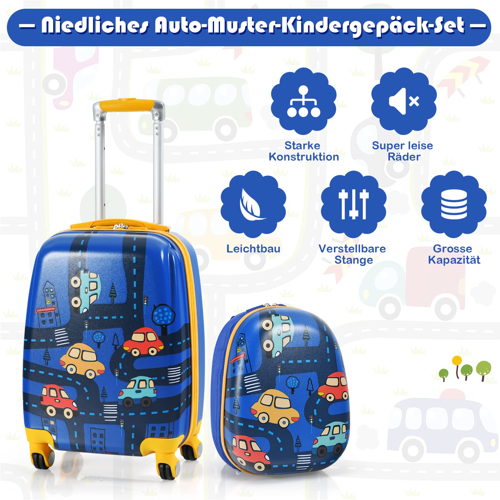 GOPLUS Kinderkoffer mit Rucksack, Kids Trolley, Kindergepäck mit Rollen, Reisekoffer mit Teleskopgriff, Hartschalenkoffer für Kinder, Kindertrolley Farbwahl (Cartoon-Auto, 12"+18")