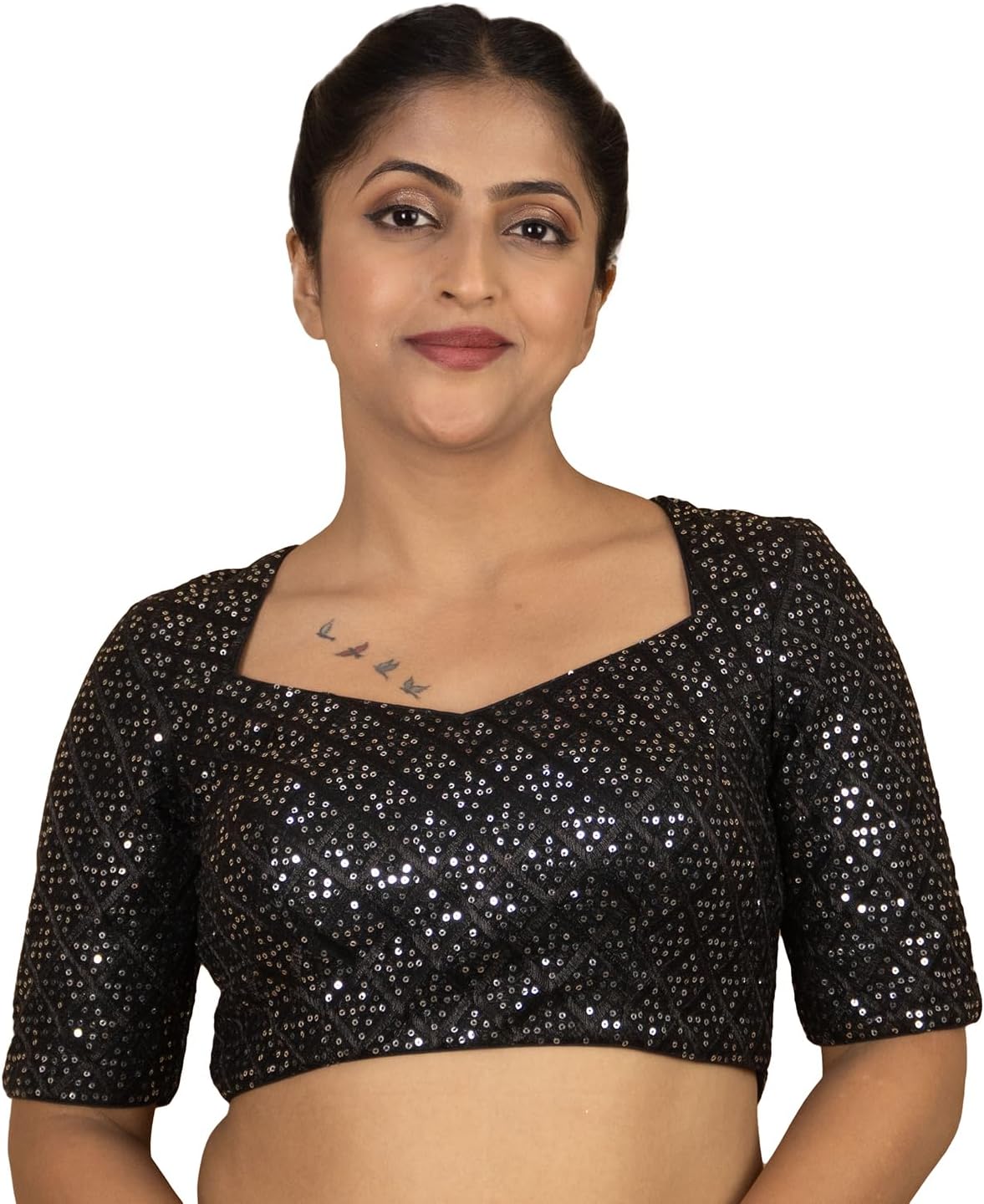 FIGURE'S DESIGNER Women's Sequin Embroidered Square V Neck Elbow Half Sleeve Readymade Saree Blouse