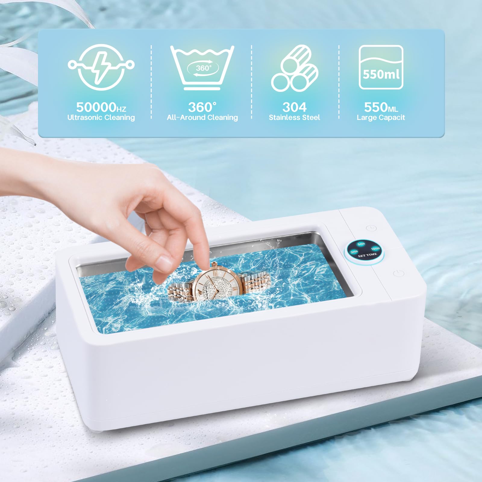 Cudinham Pulitore per gioielli a ultrasuoni da 50 kHz, 550 ml, con timer digitale, professionale ad ultrasuoni, per tutti i gioielli, argento e occhiali