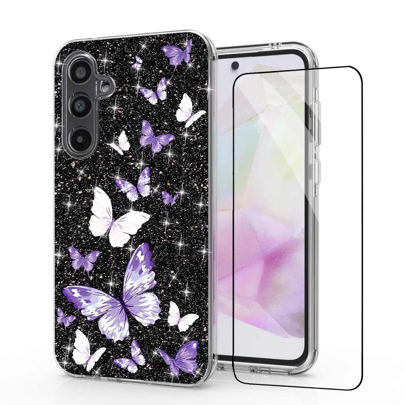 for Samsung Galaxy A35 5G Case,Samsung A35 5G Phone Case,Tempered Glass Protector and Lustre Pattern-Sparkle 3 in 1 Clear Shock Absorb Case(Blue-Butterfly, for Samsung Galaxy A35 5G)