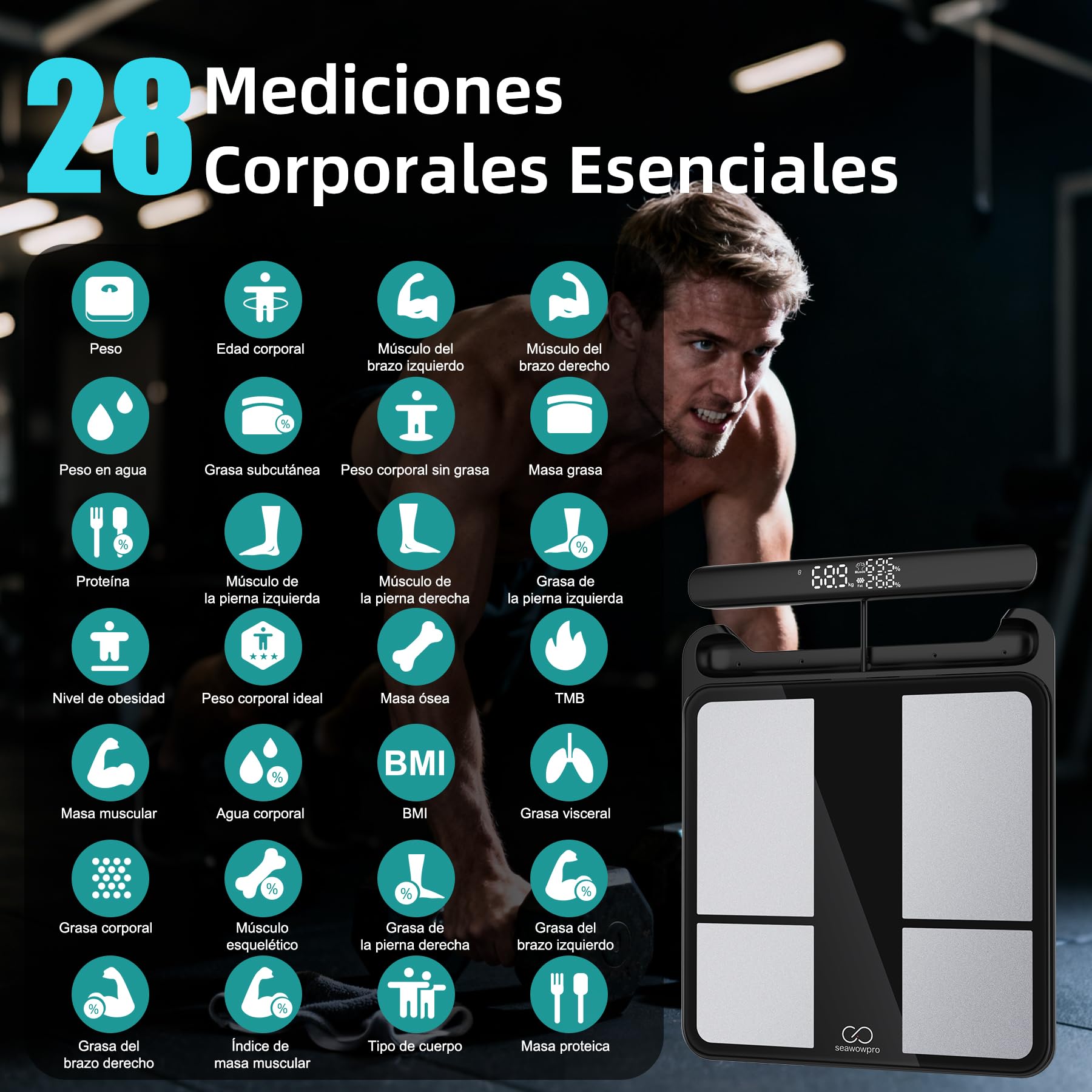 Báscula para Peso Corporal Báscula Digital de Baño con 8 Electrodos, 28 Datos Corporales Smart Weight Scale Compatible con iOS & Android, Max 400lb/180kg/28st