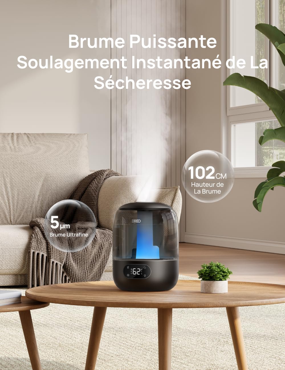 Dreo 3L Humidificateur Bébé Silencieux 26dB avec Capteur d’Humidité, Brume Fraîche Ultrasonique, Buse 360°, 30H Autonomie, Diffuseur d’Huiles Essentielles, Lumière d’Ambiance, pour Plantes, Noir