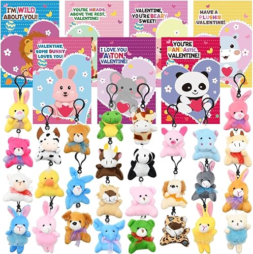 UMEELR 28 juguetes de animales de peluche para el día de San Valentín, llavero pequeño de animales de peluche a granel para niños, intercambio de