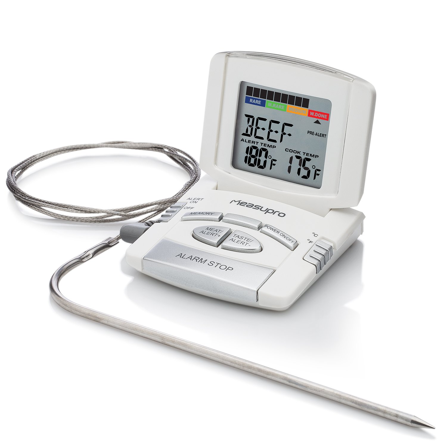 MeasuPro Instant Read Digital Food Thermometer for Cooking w/Oven, Grill and BBQ, with Timer and Stainless Steel Kitchen Thermometer Probe, All-in-One Meat Thermometer, Silver