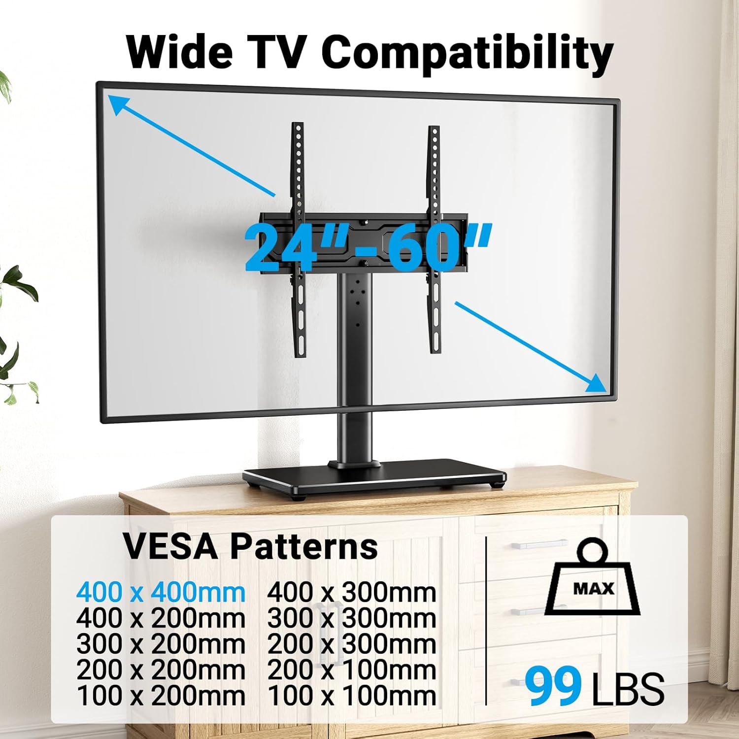 PERLESMITH Universal Swivel TV Stand for 24-60 inch TVs up to 99 lbs, 12 Height Adjustable Table Top TV Stand, TV Base Stand with Tempered Glass Base, Max VESA 400x400mm, PSTVS33 3 71+TANq +mL. AC SL1500
