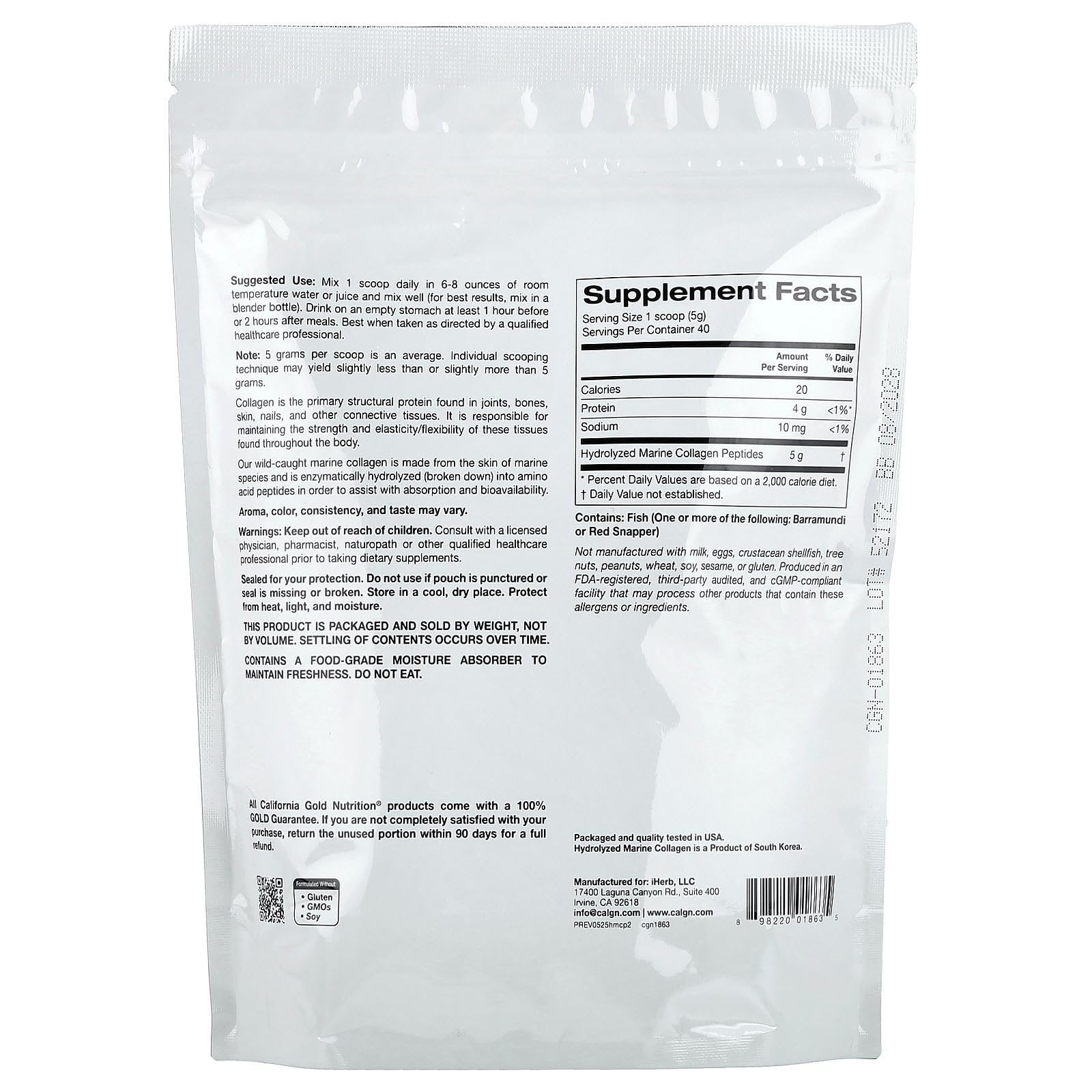 Peptides de collagène marin hydrolysés, non aromatisés, 200 g, California Gold Nutrition