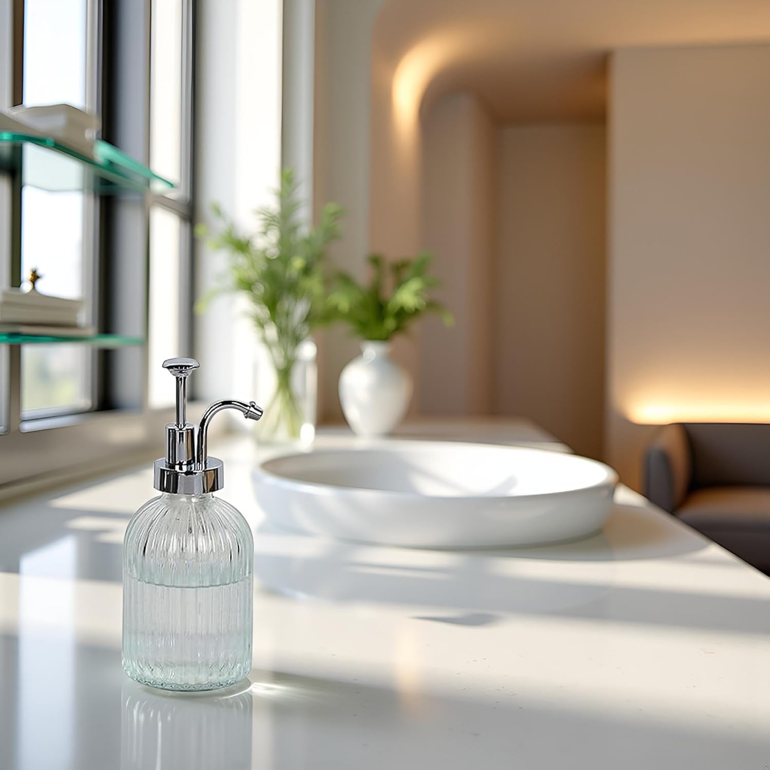 Glass Pump Soap Dispenser, 350ML Kitchen Hand Soap Dispenser Sour Cream Dispenser Rustproof Pump Dispenser for Kitchen Bathroom (Silver Bar) - Image 3