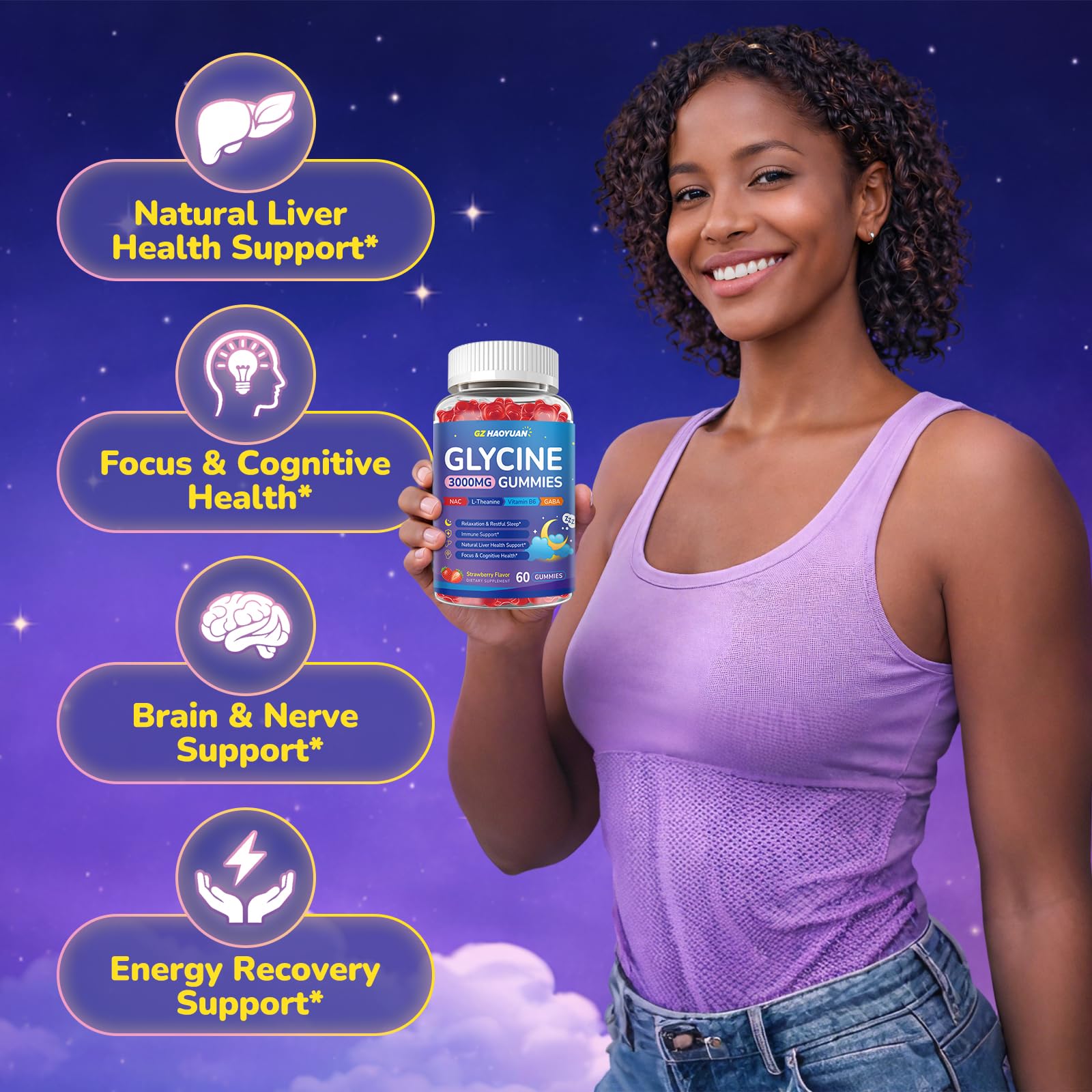 Glycine Gummies, Glycine 3g Supplements with NAC, L-Theanine, GABA, for Sleep, Relax, Nerve & Brain Support, Sugar Free, Vegan, Strawberr Flavor, 60 Cts — Amazon image 3