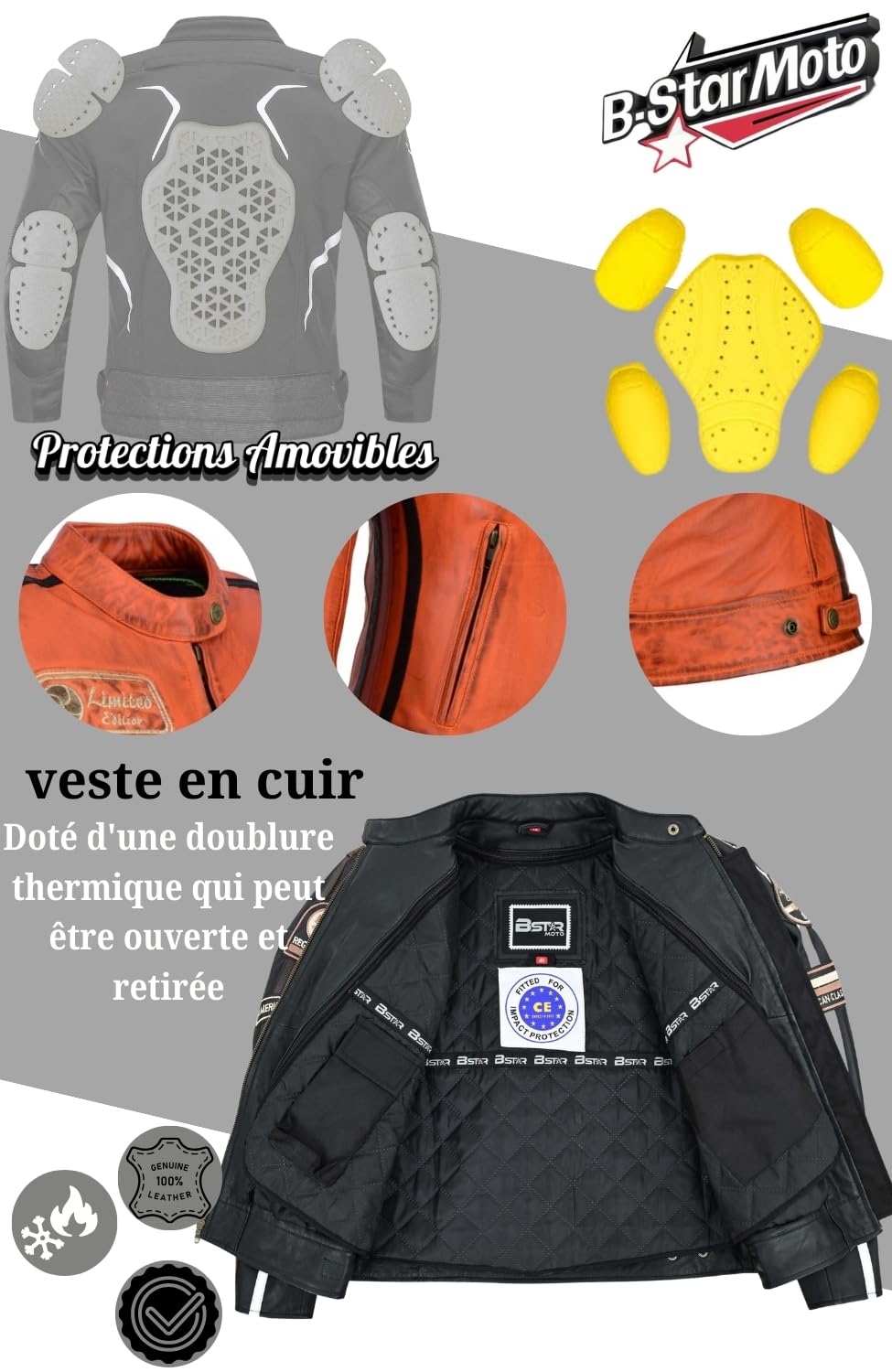 Veste de Moto En Cuir Pour Femme- Blouson Avec Protection Douce Cuir Et Vent Armure Corps été Hiver Tourisme Motard Blinde Orange