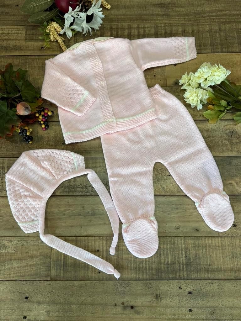 3-Piece Baby Knitted Set Sweater Footed Pants Hat Boys Girls Coming Home Newborn Outfit - Made in Spain