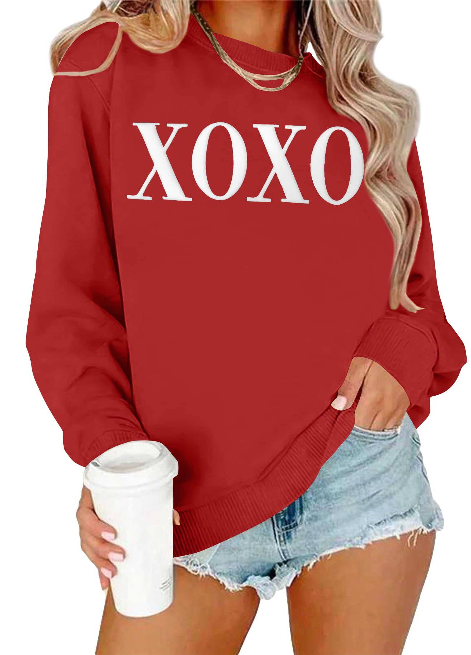 VVNTY Women Valentines Sweatshirt: Sparkly Letter Print Long Sleeve Pullover Tops