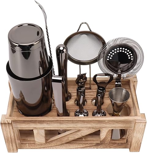 Juego de coctelera de acero inoxidable con soporte de madera, herramienta profesional de bar para bar, fiesta en casa, juego de regalo de mezcla de