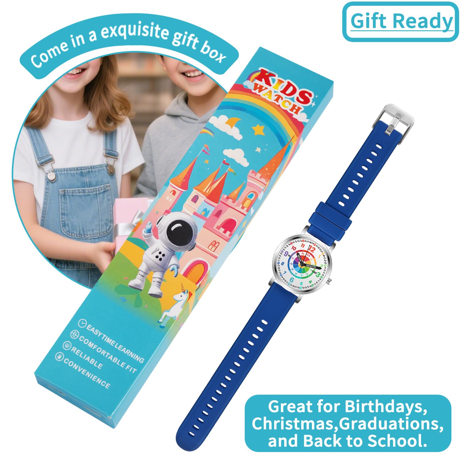 Relojes para niños, reloj de aprendizaje para niños, tablero de dardos para niños pequeños, hora de aprendizaje y hora fácil de leer, reloj analógico para niños y niñas de 3 a 11 años, azul