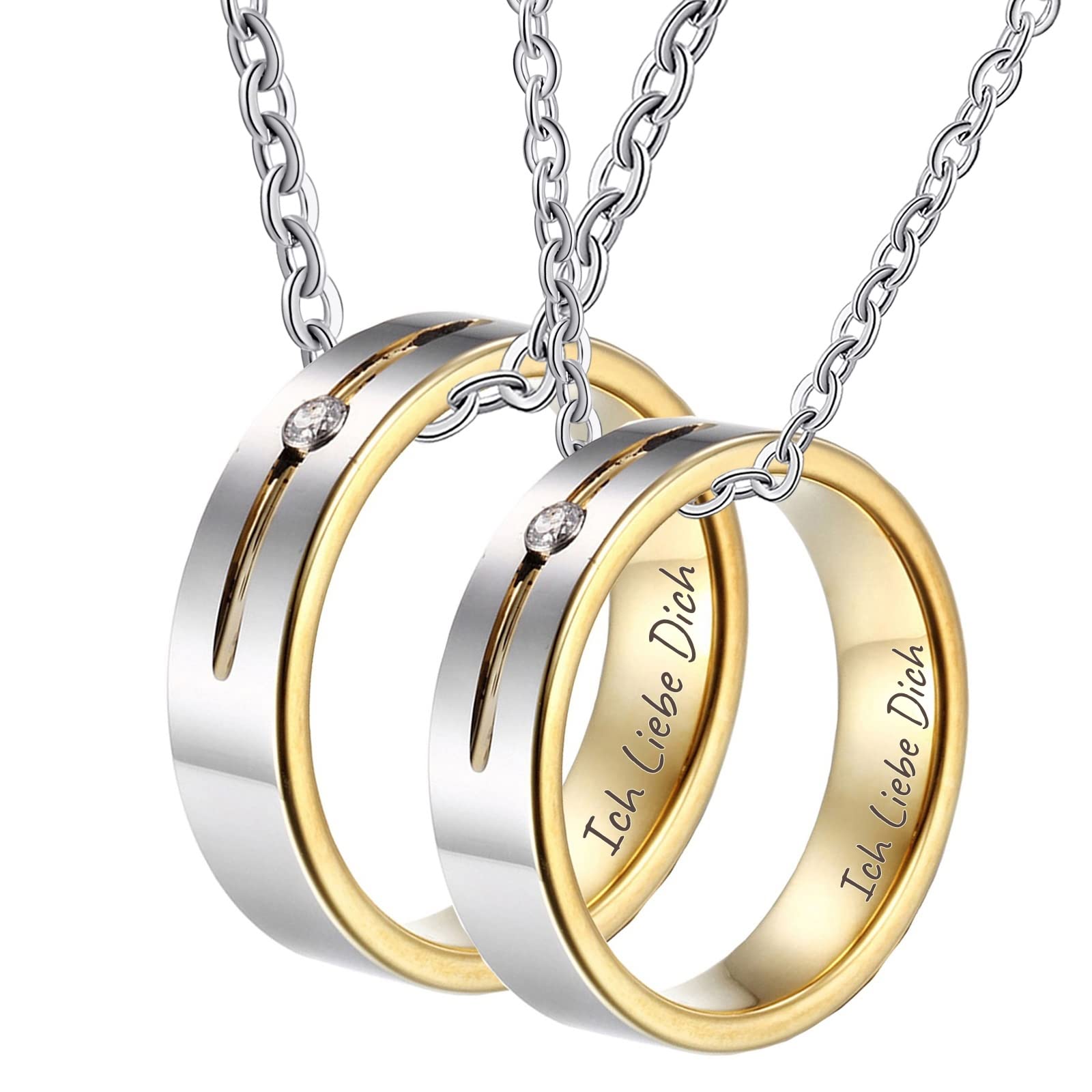 Epinki Halskette Paare 2 Stück Wolfram mit Ring Anhänger, Simple mit Gravur Ich Liebe Dich Partner Ketten mit Zirkonia Weiß, Silber Gold für Frauen & Männer, Breite 6MM - Herren 60cm, Damen 50cm