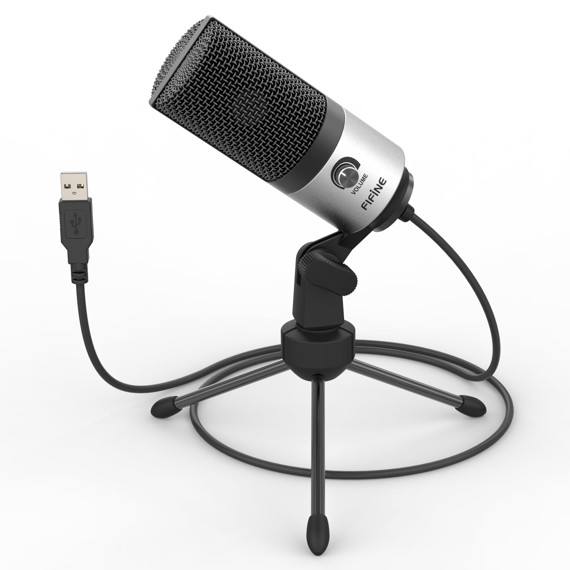 FIFINE Microphone PC USB, Microphone for Mac PS4 PS5, Podcast Microphone with Stand, Studio Quality Recording Condenser Microphones - Silver