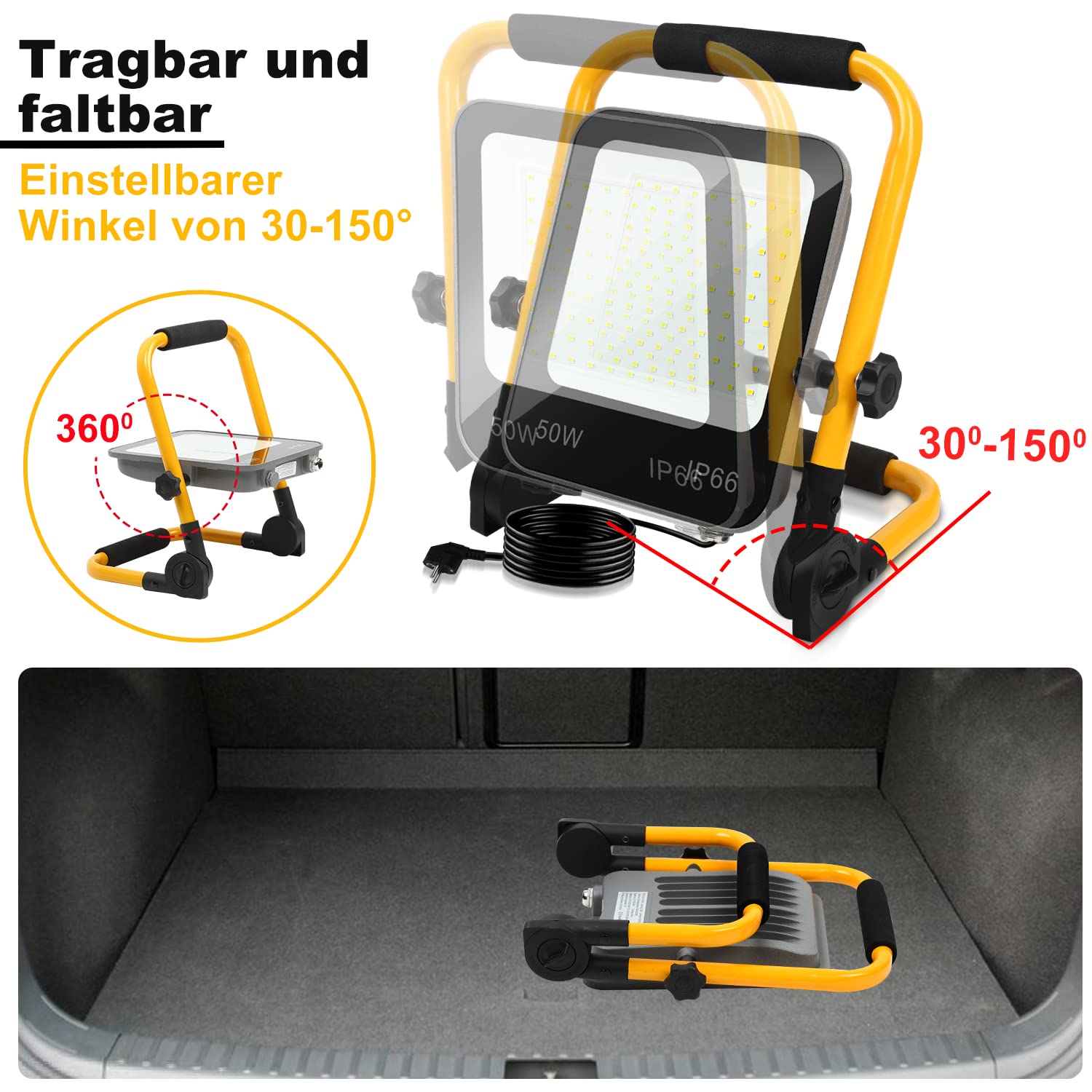 Randaco LED Baustrahler, 4x100W 10000LM Tragbar LED Arbeitsleuchte Baustrahler 6000K Kaltweiß Bauscheinwerfer, IP66 Wasserdicht mit 3M Kabel und Faltbarer Ständer, für Baustelle (mit Stecker)