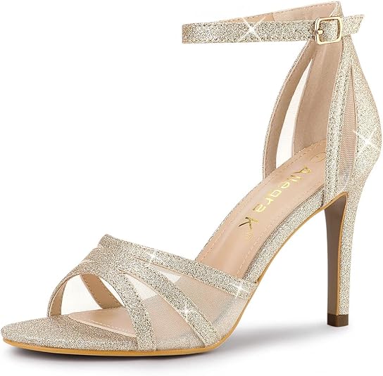 Allegra K Sandales Talons Aiguilles Paillettes Femme – Bride Cheville, Bout Ouvert, Fermeture Boucle