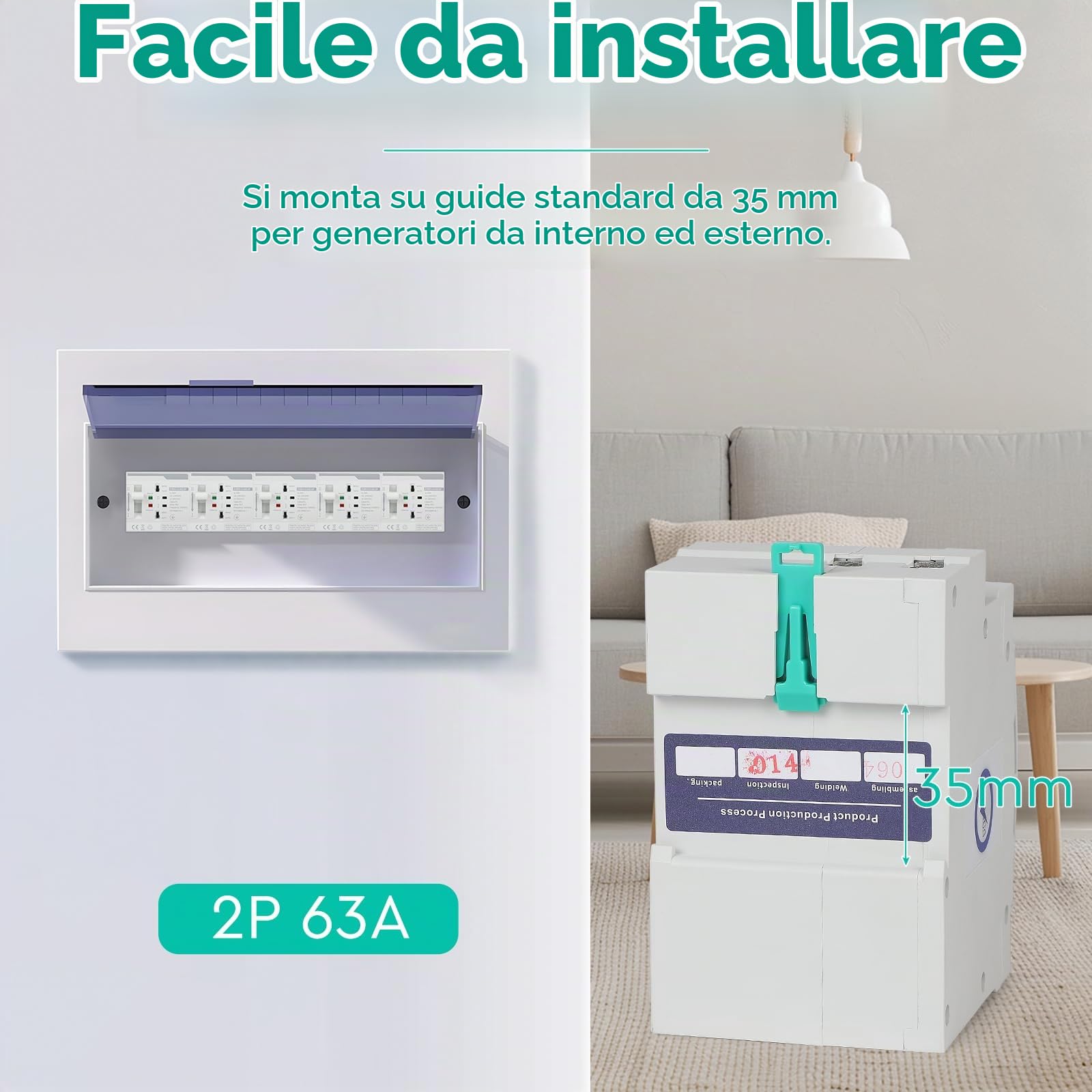 CPROSP Interruttore di Trasferimento Automatico 2 Poli DIN 220V 63A, Commutatore di Rete Automatico Fotovoltaico, Scaricatore di Sovratensione, ATS Fotovoltaico, per Impianti Domestici e Industriali