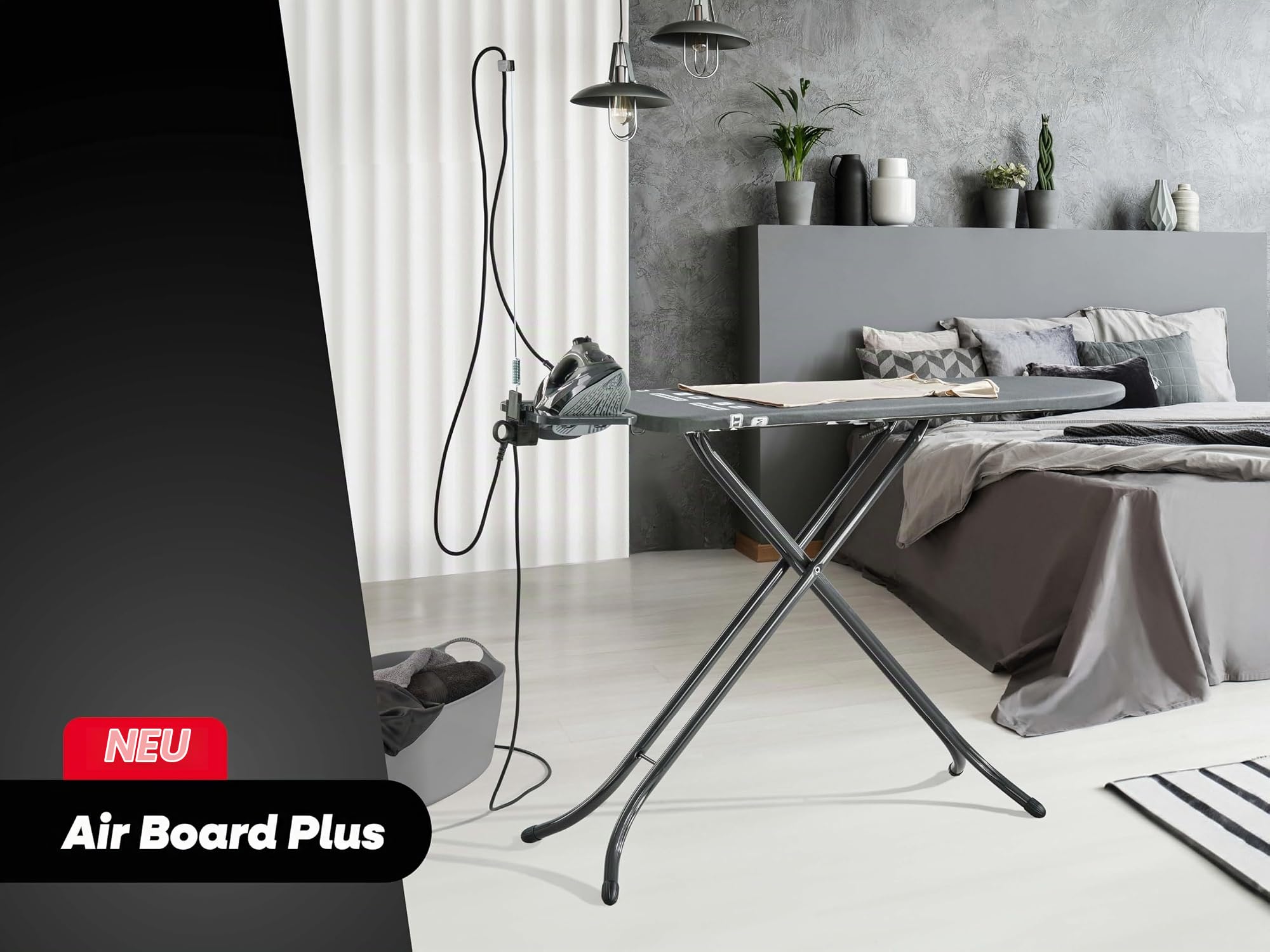 Leifheit Bügeltisch Air Board M Black Plus, Bügelbrett mit 120x38 cm Thermo‑Reflect‑Bügelfläche, Zwei‑Seiten‑Bügeleffekt, Anthrazit‑Design, höhenverstellbar bis 98 cm, Feste Bügeleisenablage
