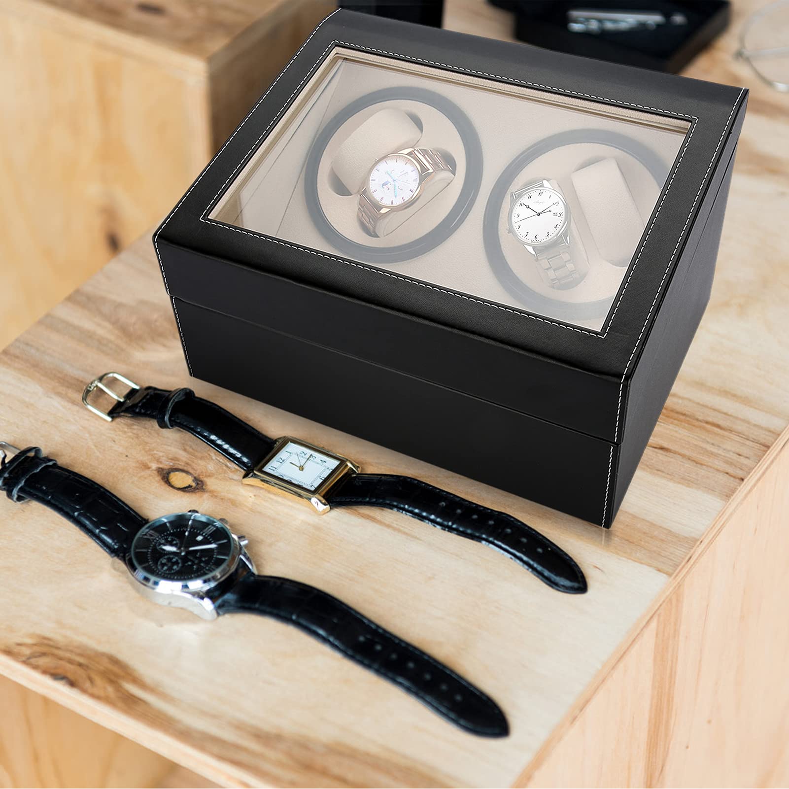Scatola Orologi Automatici, Funzionamento Silenzioso, può caricare 4 Orologi contemporaneamente, Scatola Rotore per Orologi, Uomo Polso Watch Winder Box Custodia 31 x 24 x 18 cm