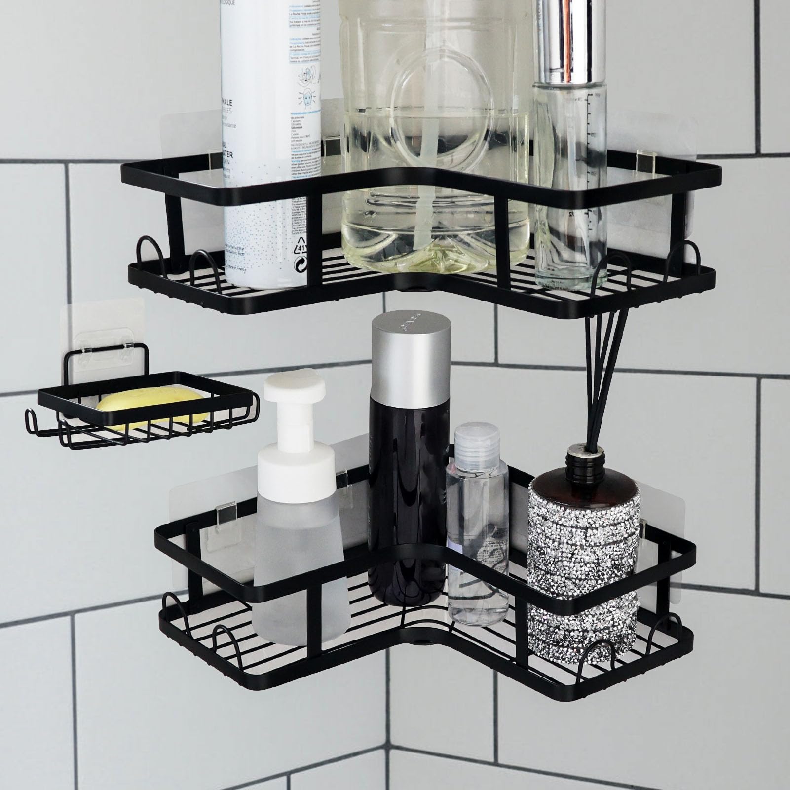 DNDGDLUA 3 unidades de estante de ducha sin taladrar, estante de ducha de acero inoxidable negro, organizador de baño, estantería de esquina, estantería de baño, soporte para champú, cesta de ducha