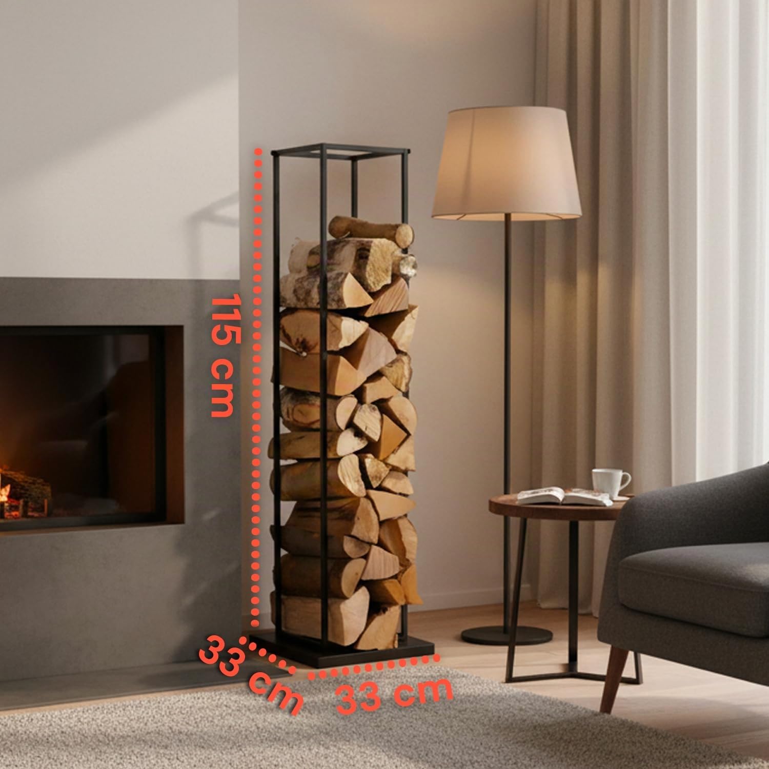 Avilia – Portalegna da Interno in Metallo 33×33×115 cm per Camino e Stufa, Design Verticale Salvaspazio, Facile da Montare e Ultra-Resistente, Ideale per Riporre Legna da Ardere