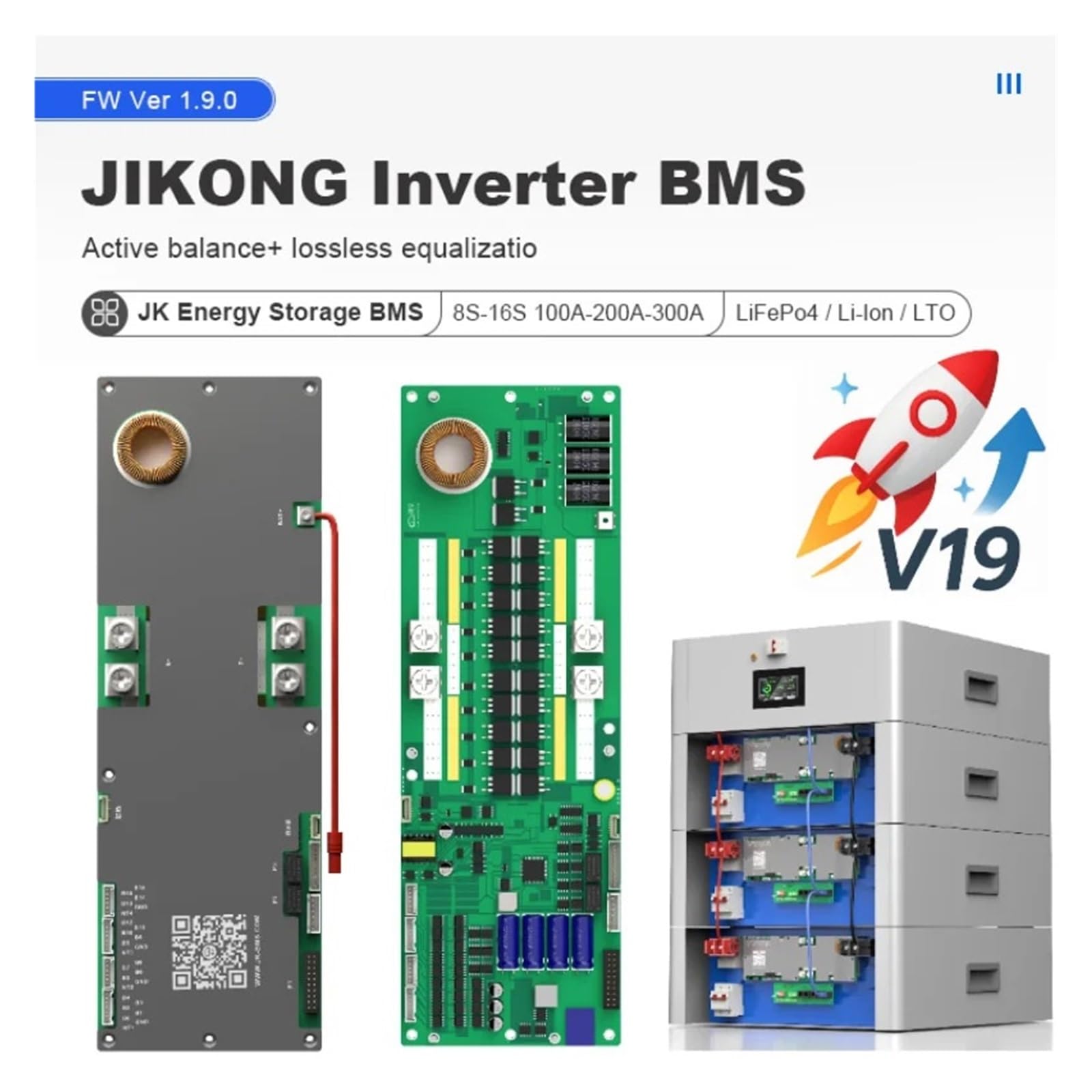 V19 Smart BMS con LCD da 4,3 Pollici, Lifepo4 48v 200A, Inverter di accumulo con bilanciamento Attivo 8S-16S BMS for Batteria agli ioni di Litio 200AH(JK-PB2A16S30P-V19)