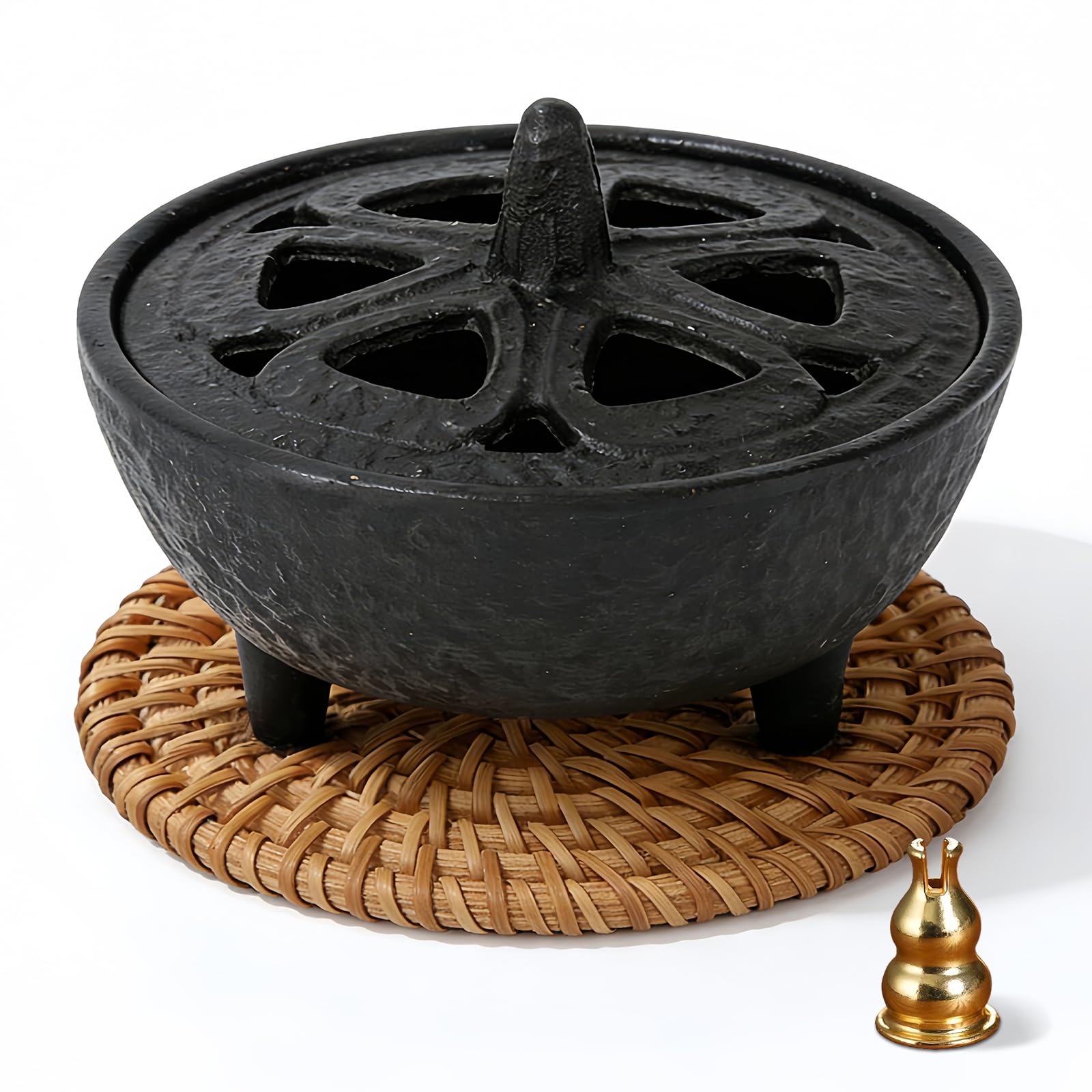 Chungg Black Cast Iron Incense Holder, Wax Melt Burners For Incense Resins, Cones Or Sticks And Wax Melts Log, Sandalwood Burner Accessories, Zen Spirit Bamboo Woven Insulation Mat