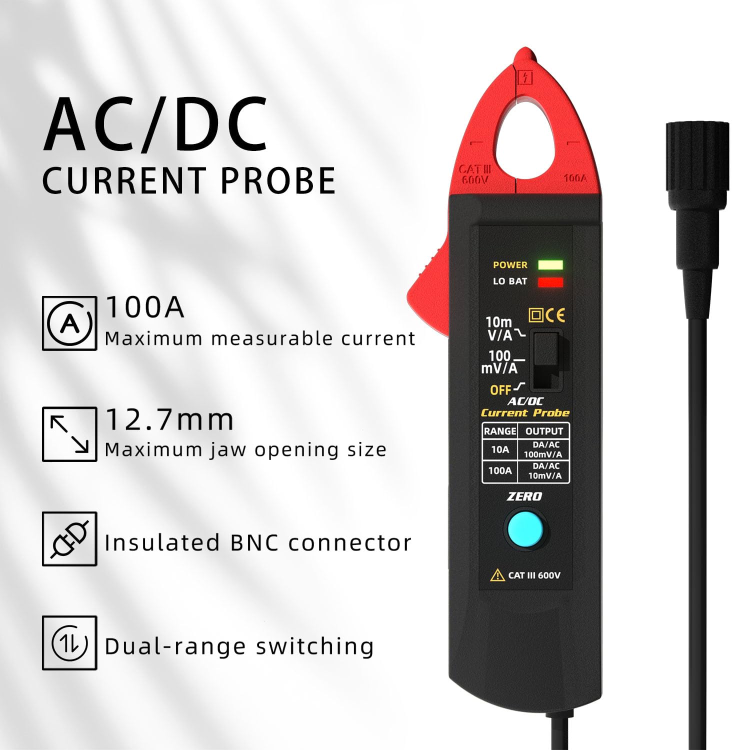BSIDE UP1 AC/DC Strommesszange für Oszilloskop 10mA–100A, 20KHz, Oscilloscope Stromzange Wiederaufladbar mit BNC-Anschluss und Tasche