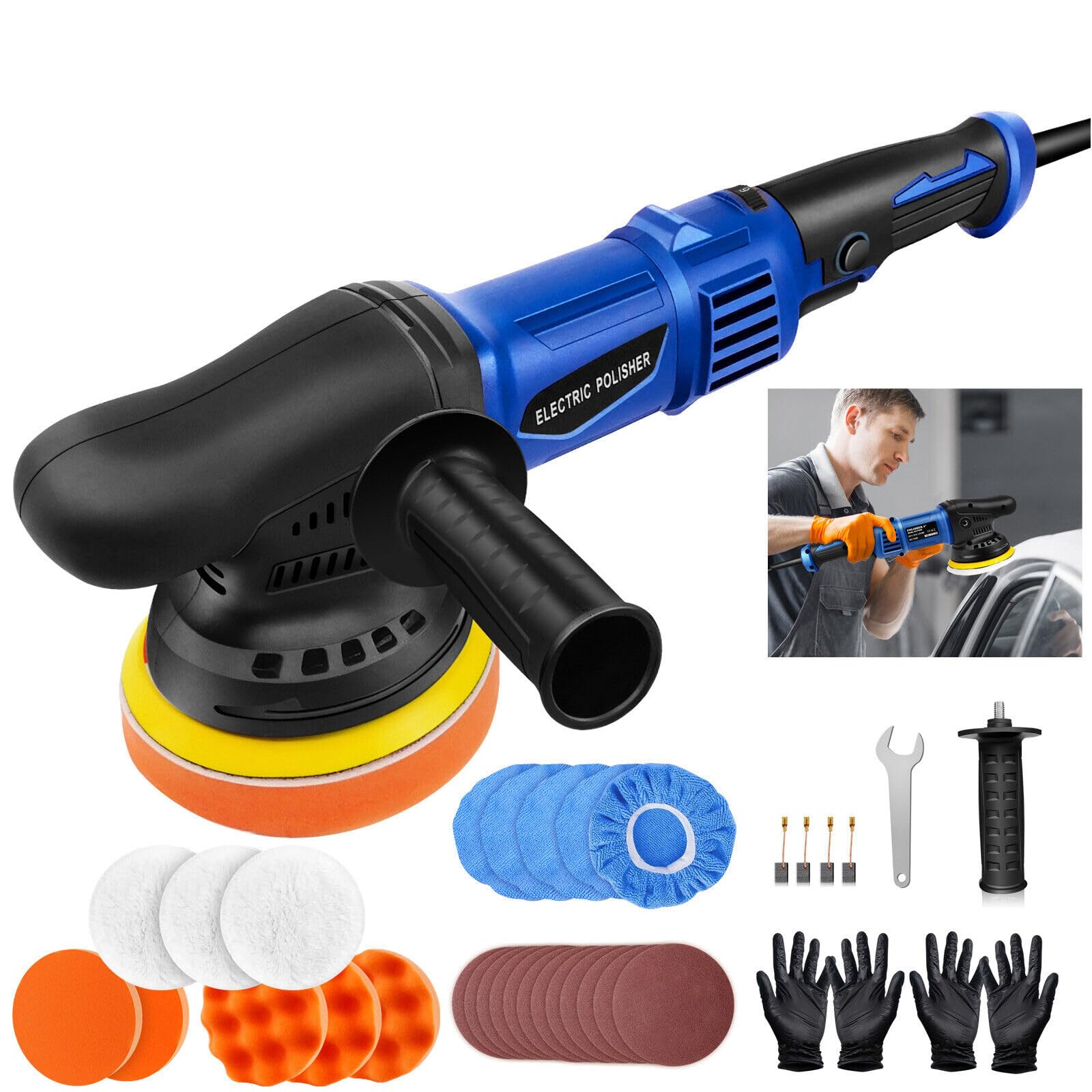 Dual Action Car Polisher Orbital Polishing Machine DA Buffer Sander & 6" Wax Pad, 6 Speed, with 13pcs 5-Inch Polishing Pads and 12 Sandpapers