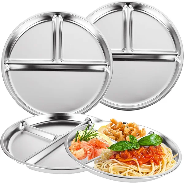 LANIAKEA 4 Pack Stainless Steel Divided Plates, 3 Compartment Portion Control, 9" Reusable Dinner Mini Trays, Bariatric Diabetic Diet for Food
