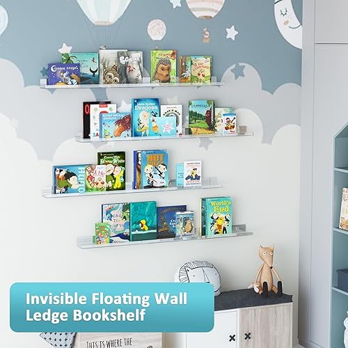 Miniatura 7 de Albumgit Paquete de 2 estantes acrílicos para almacenamiento en la pared, estante flotante transparente autoadhesivo de 15 pulgadas para figuras