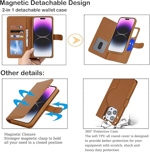 Miniatura 7 de Havaya Funda para iPhone 14 Pro, cartera Magsafe compatible 2 en 1 desmontable con tarjetero de piel sintética con tapa para tarjetas de crédito,