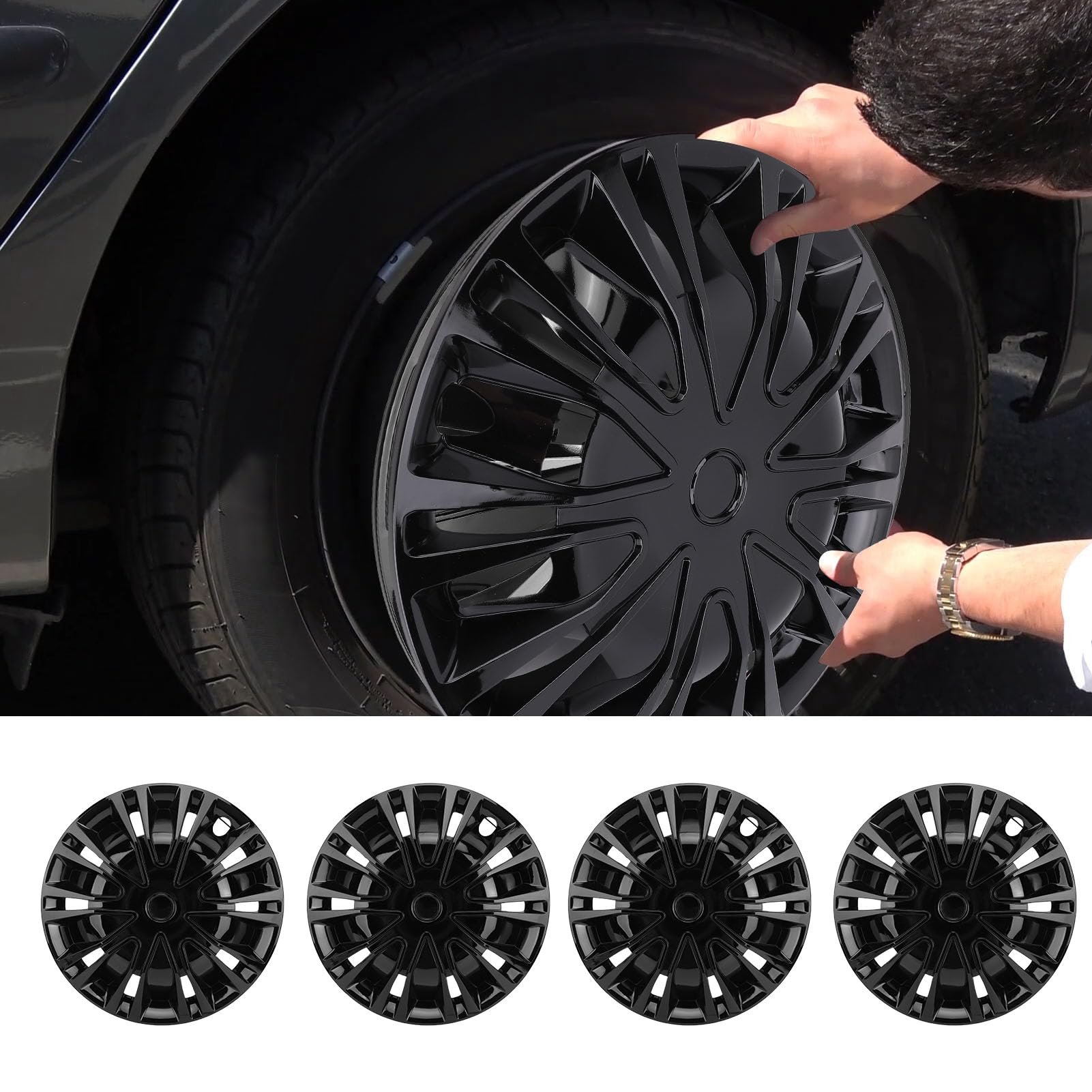 4 szt. Kołpaki, Plastikowe Kołpaki ABS do Opony R16, 16-calowe Dekoracje Samochodowe do Uniwersalnego Dopasowania (BLACK)