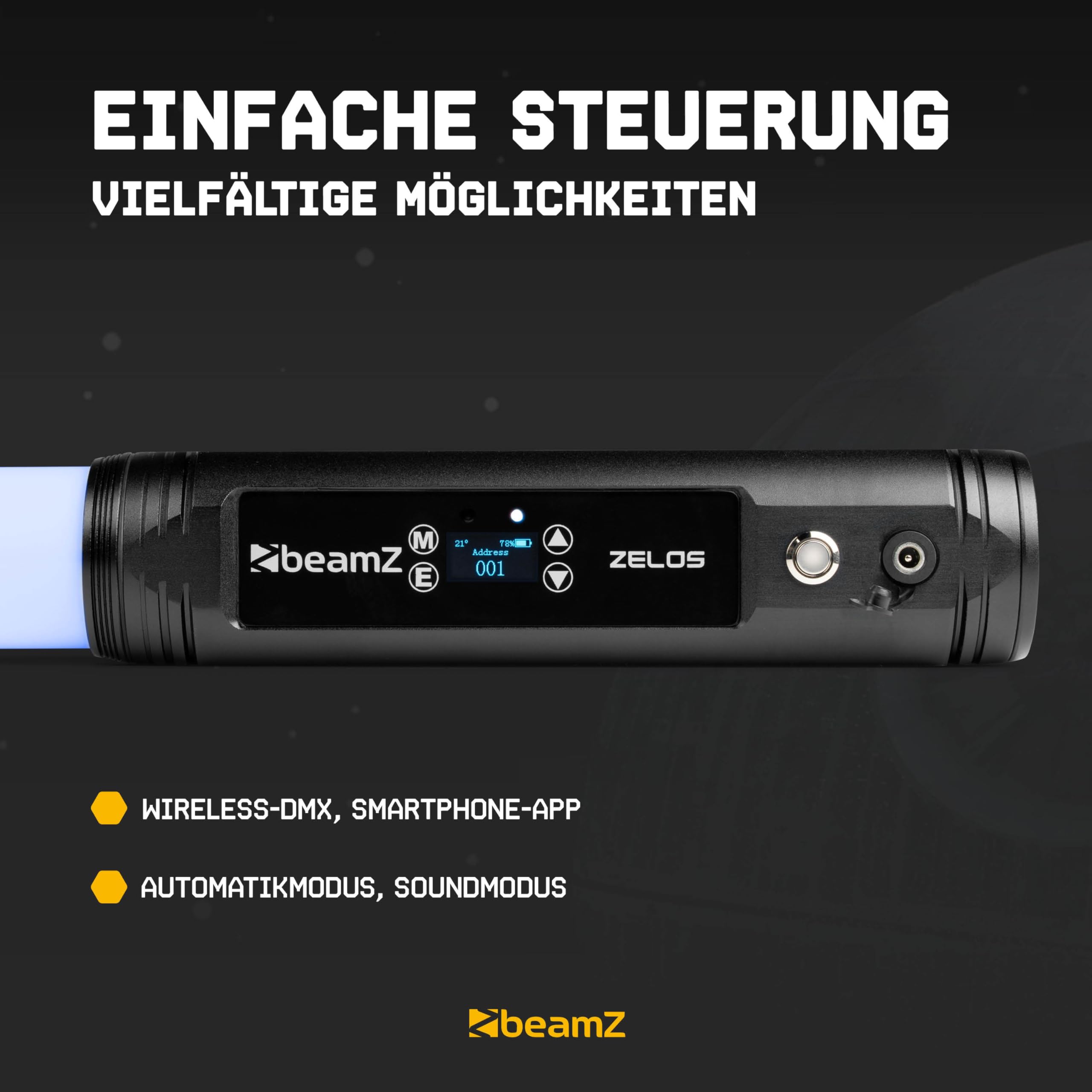 BeamZ Zelos - Akku LED Bar, Tube mit 360° RGBW, IP65 Wetterfest, 12h Akkukapazität, Bühnenlicht, Wireless DMX – Lichtorgel Musikgesteuert – LED Stehlampe für DJ Lichteffekte Partybeleuchtung